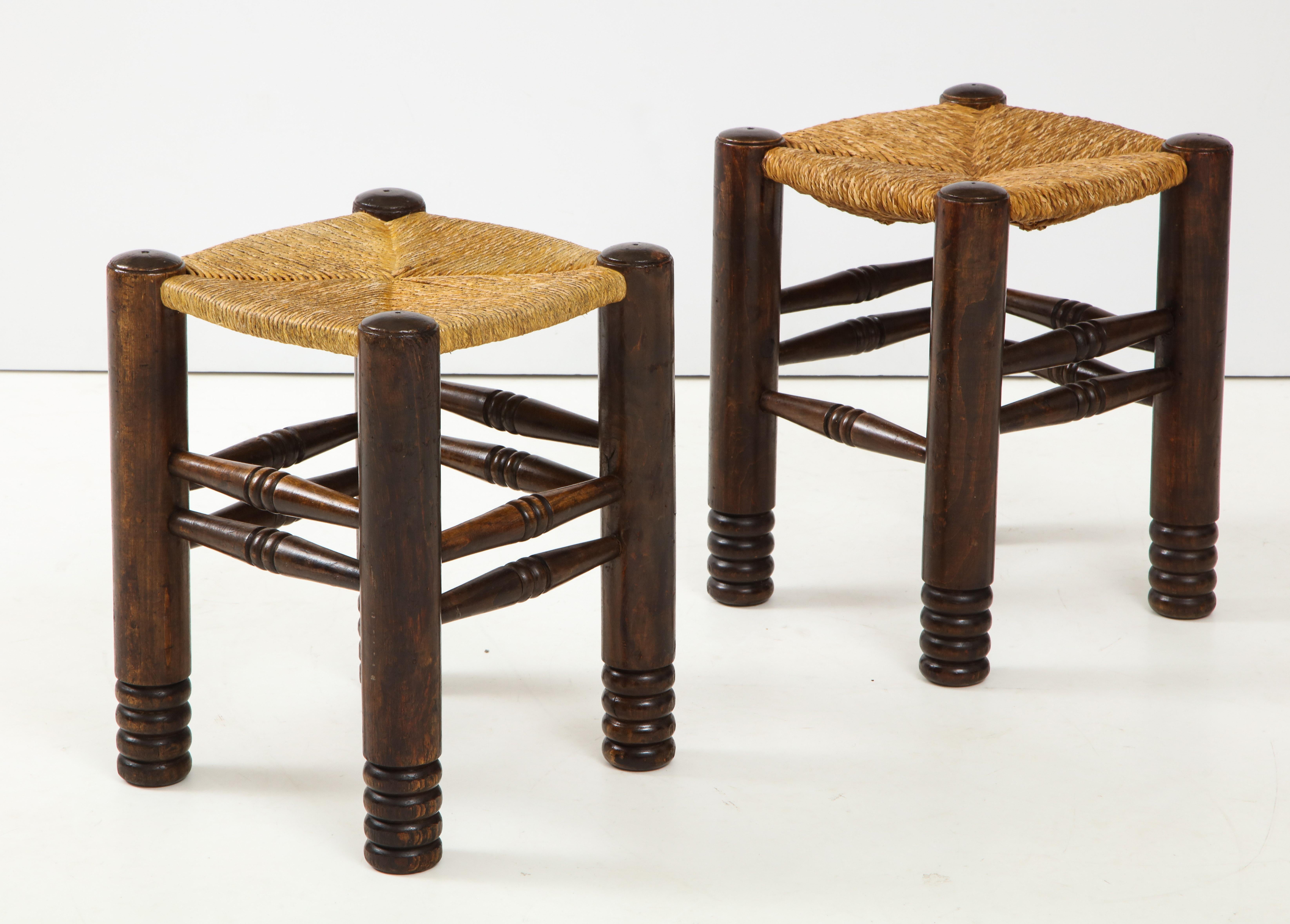 Hand-Woven Oak and Rush Stool by Charles Dudouyt, France, circa 1930s