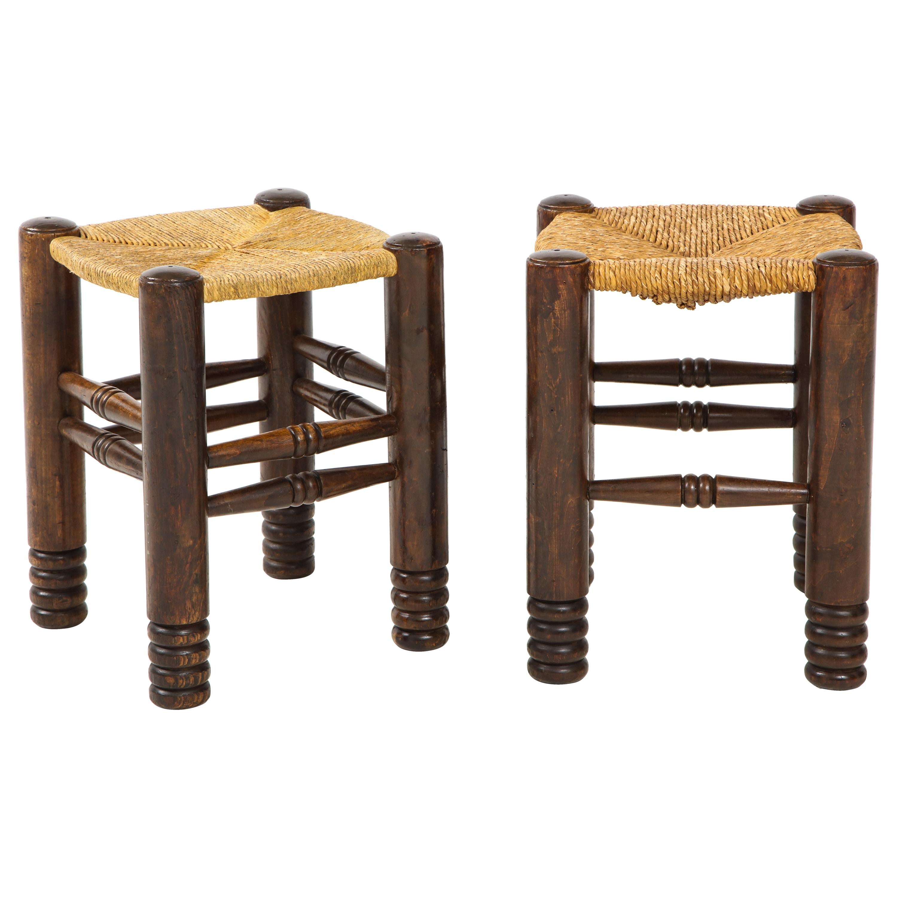 Oak and Rush Stool by Charles Dudouyt, France, circa 1930s