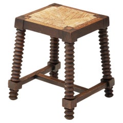 Oak and Rush Stool in the manner of Charles Dudouyt, France Early 20th Century