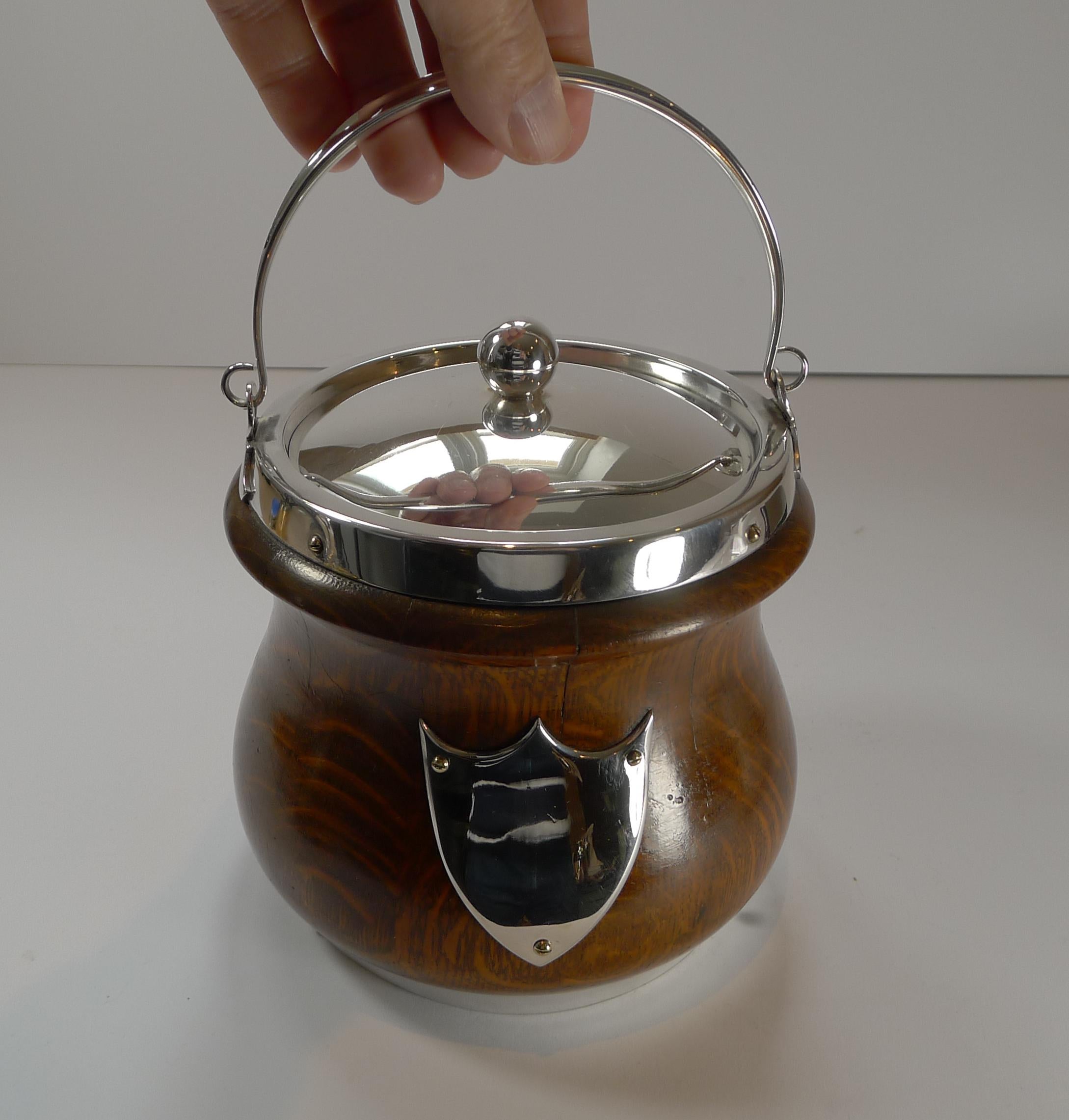 Late Victorian Oak and Silver Plate Biscuit Box / Barrel by John Grinsell & Co., c.1890
