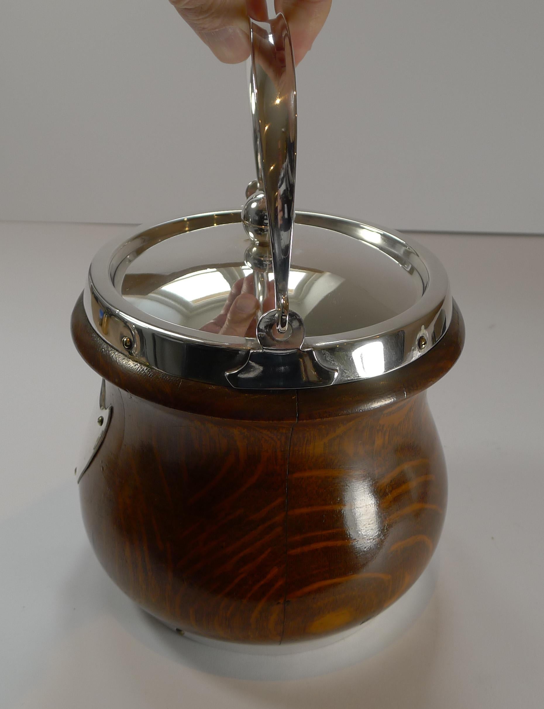 European Oak and Silver Plate Biscuit Box / Barrel by John Grinsell & Co., c.1890