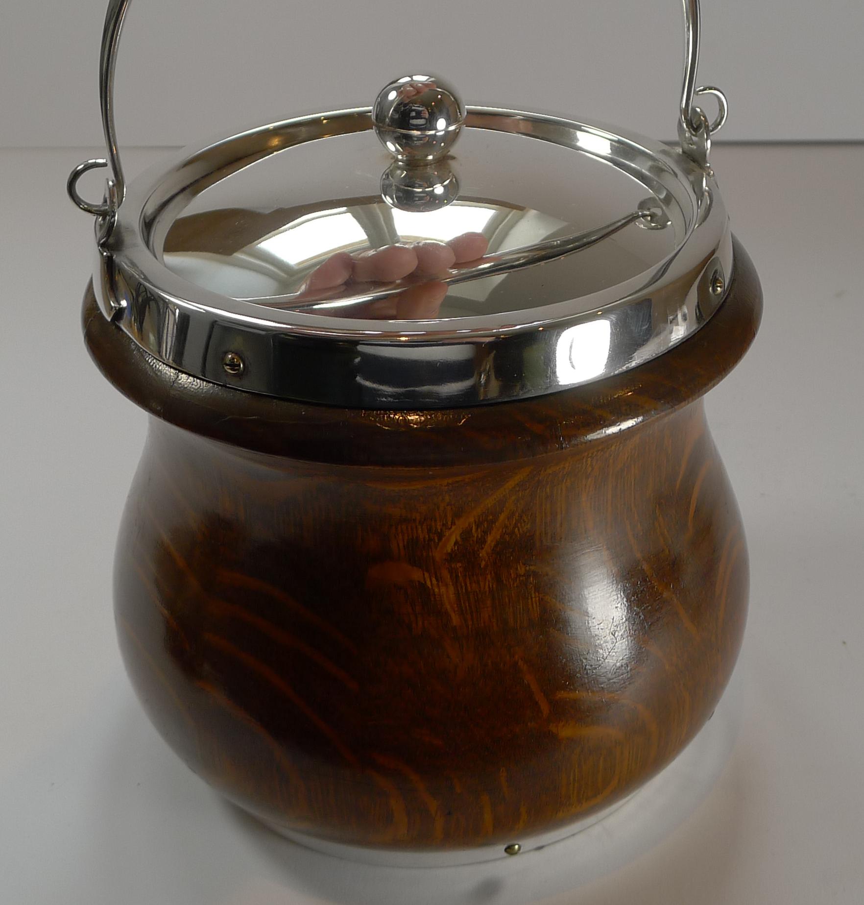 Oak and Silver Plate Biscuit Box / Barrel by John Grinsell & Co., c.1890 In Good Condition In Bath, GB