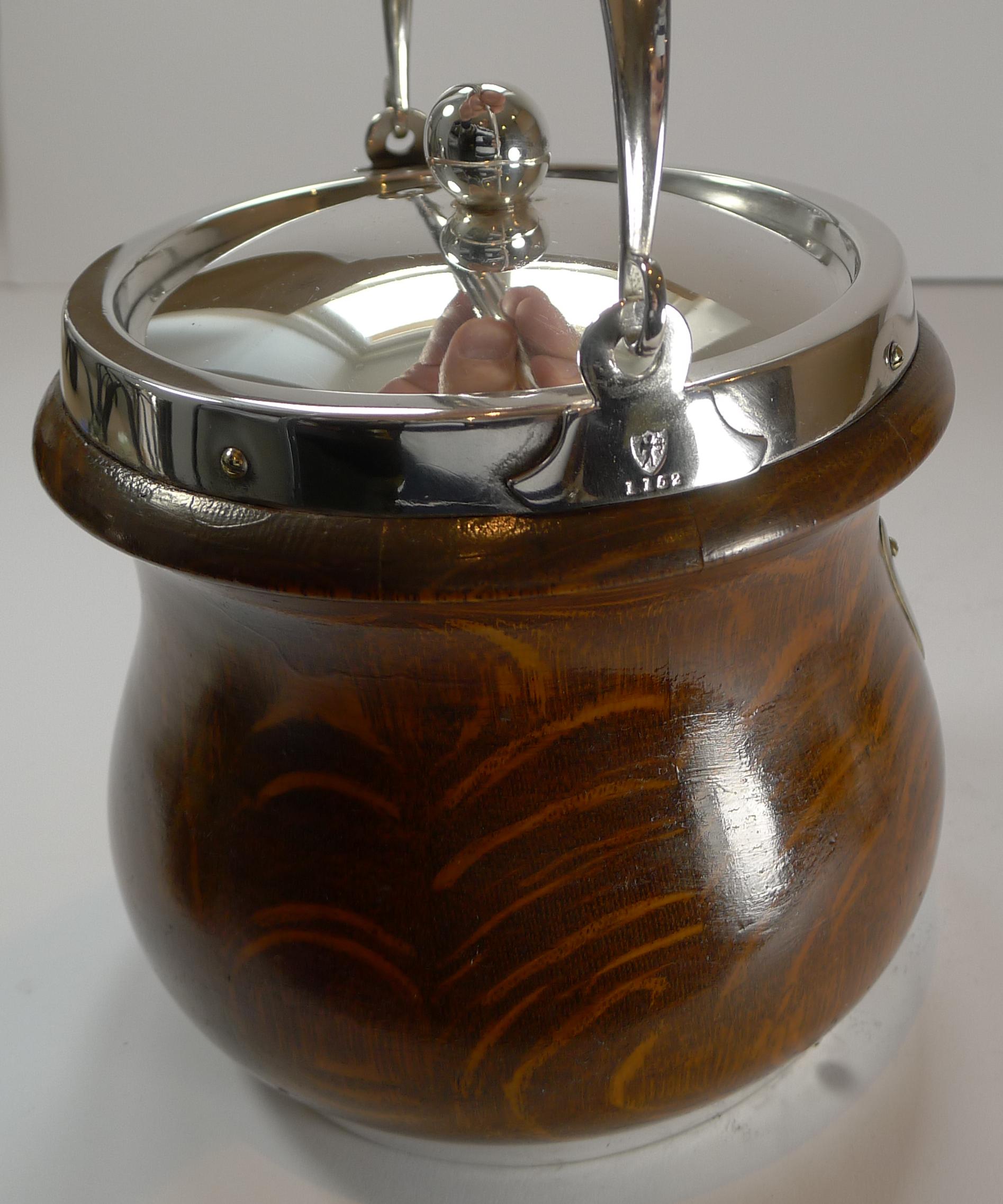 Late 19th Century Oak and Silver Plate Biscuit Box / Barrel by John Grinsell & Co., c.1890