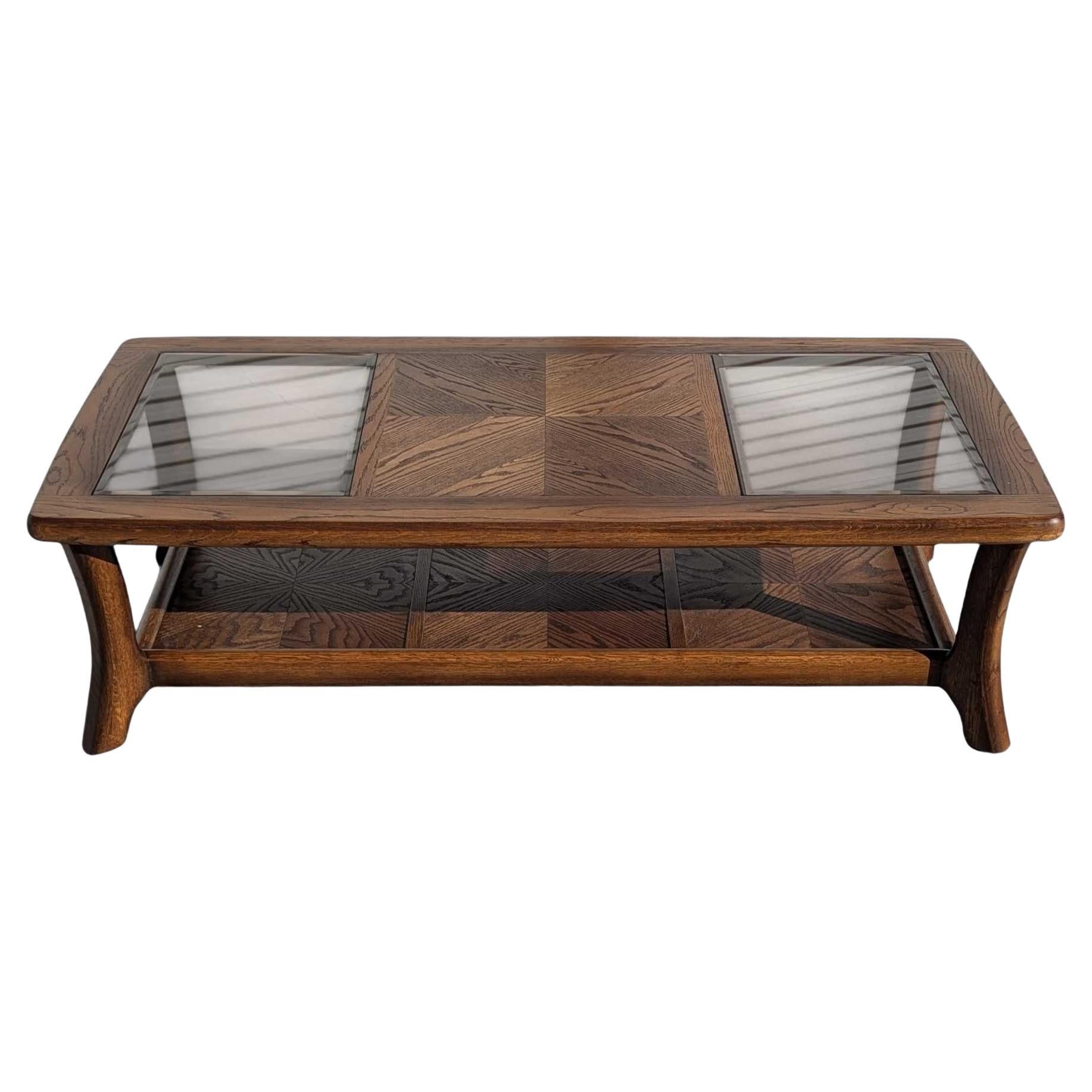 Late 20th-Century Oak and Smoked Glass Coffee Table with Parquetry Shelf For Sale