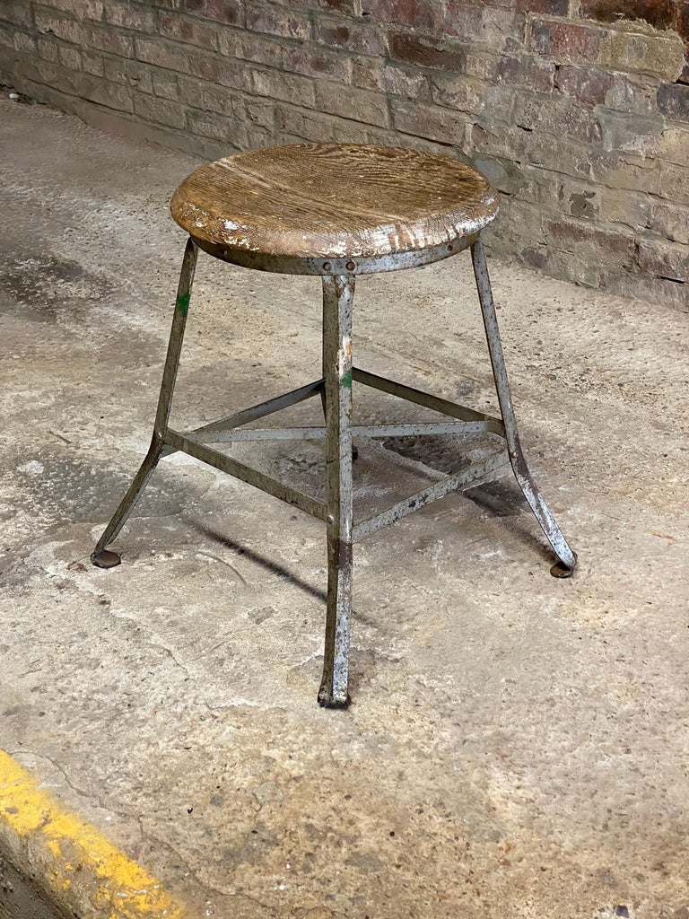 Oak and Steel Low Industrial Stool For Sale at 1stDibs