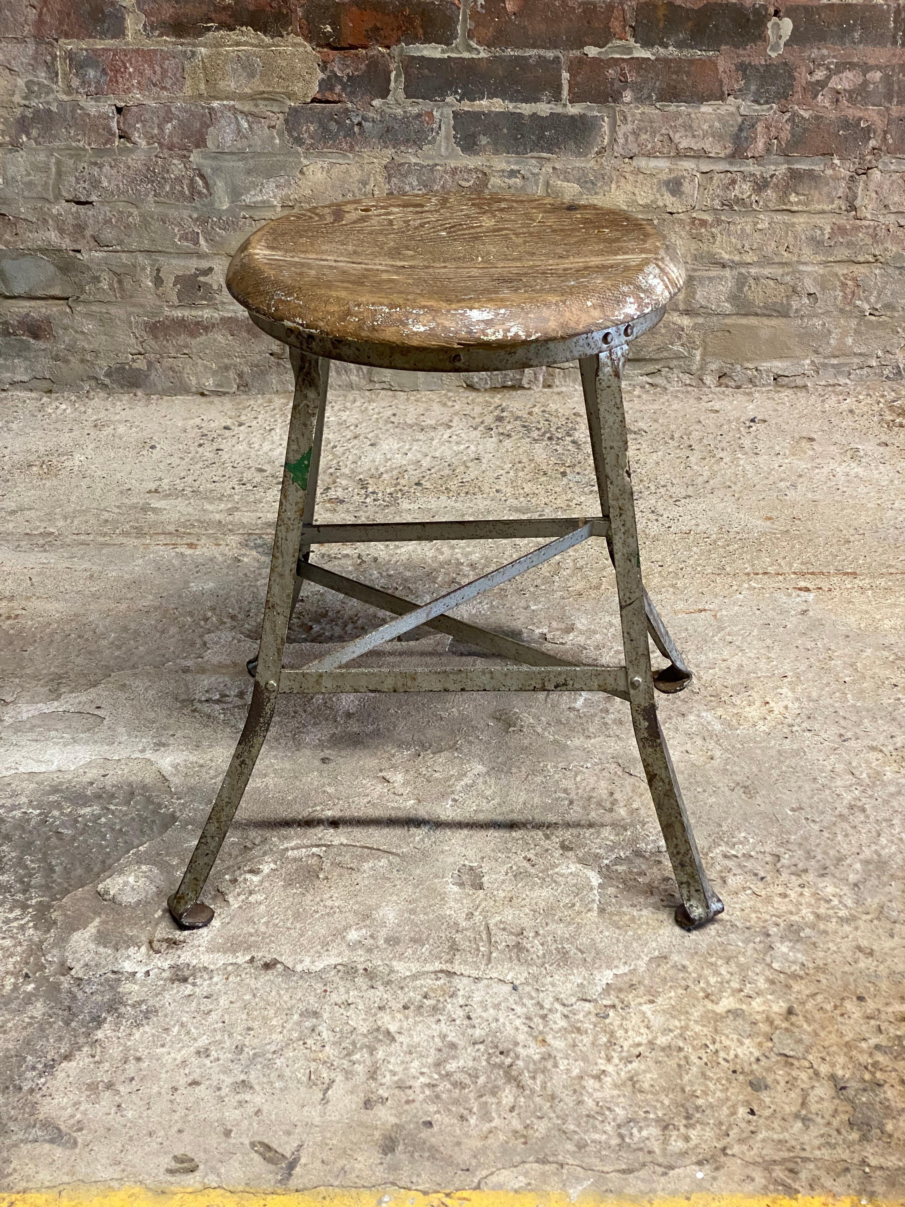 Oak and Steel Low Industrial Stool In Good Condition For Sale In Garnerville, NY