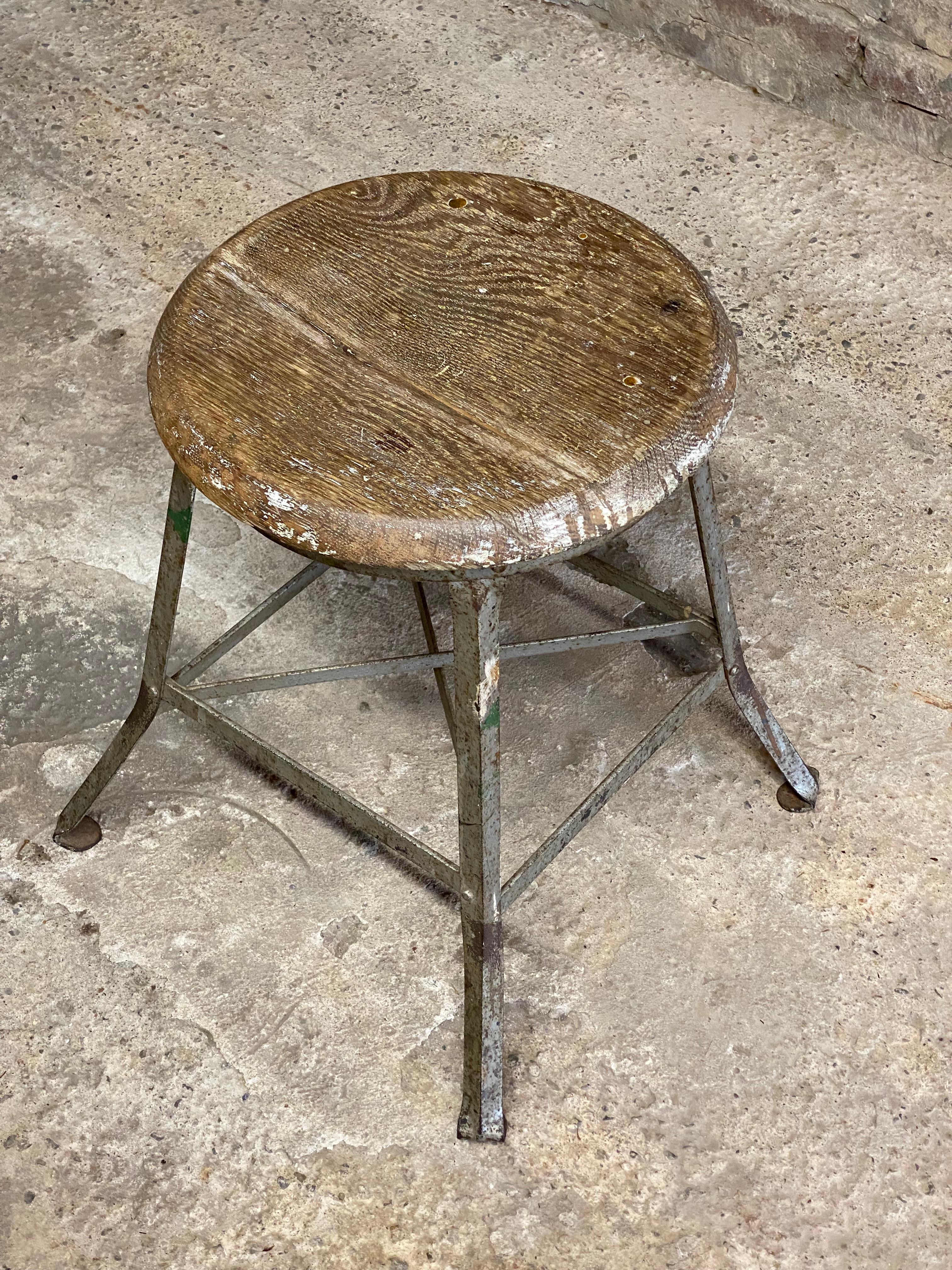 Early 20th Century Oak and Steel Low Industrial Stool For Sale