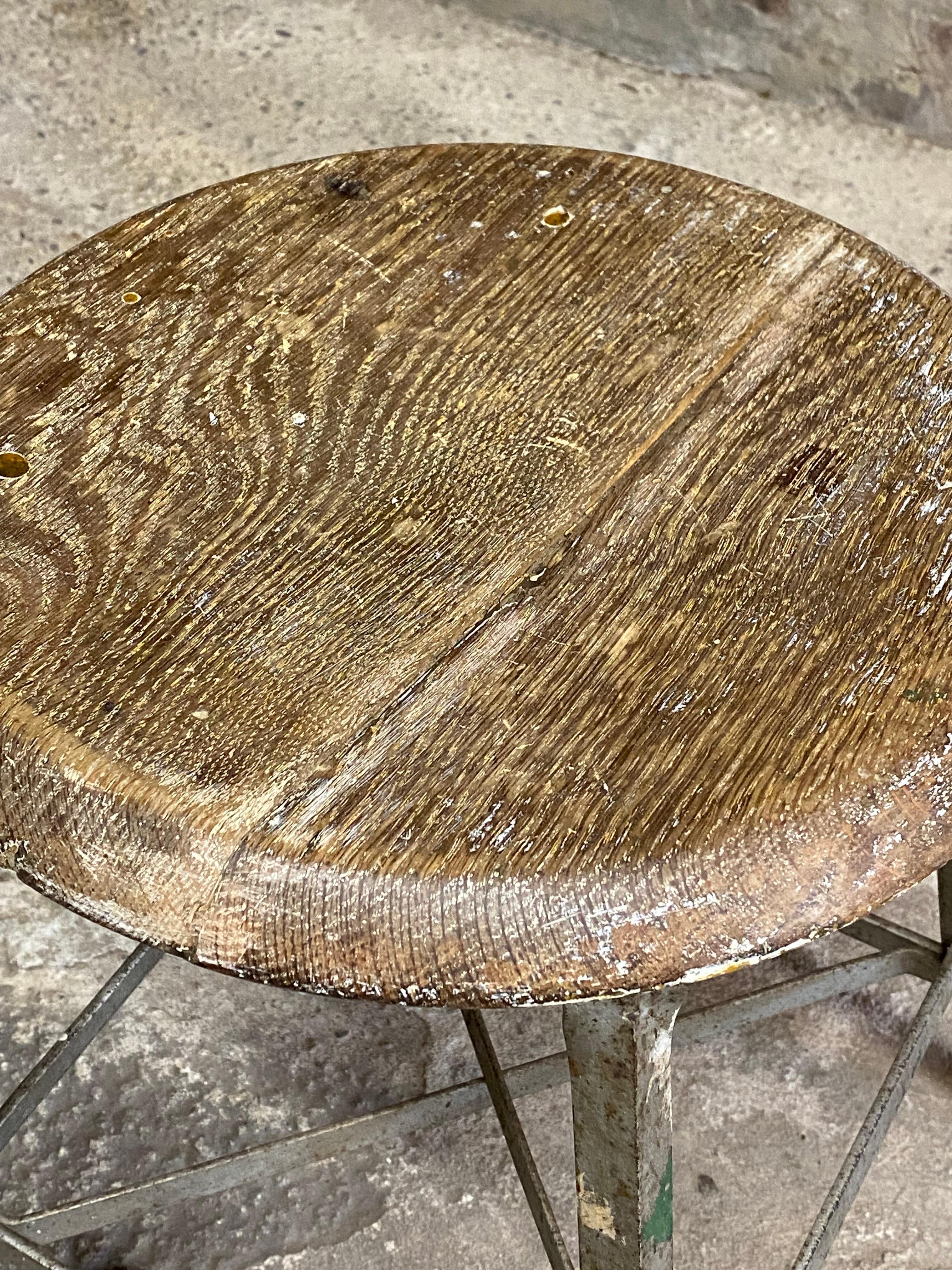 Oak and Steel Low Industrial Stool For Sale 1