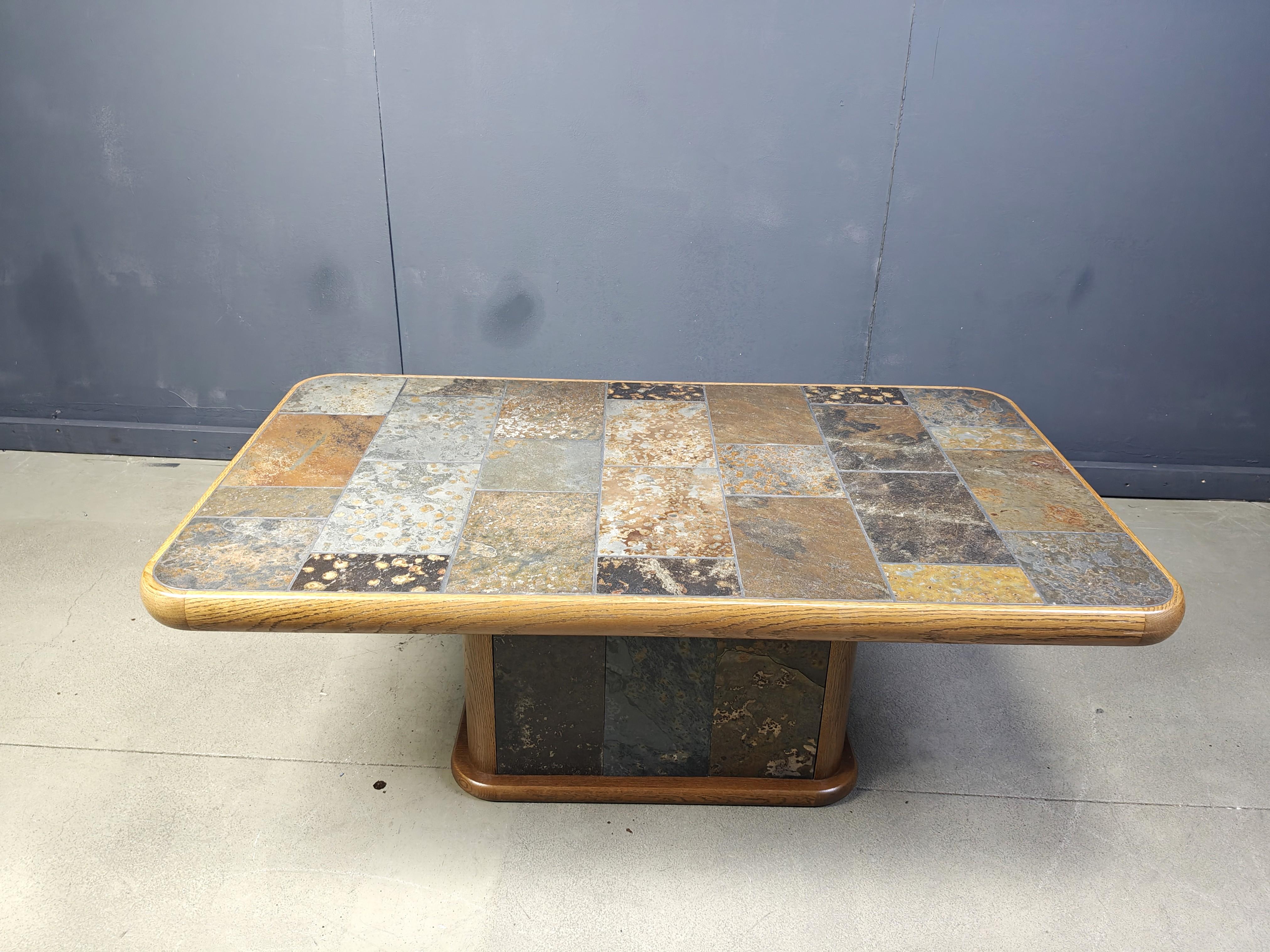 Oak and stone brutalist coffee table, 1970s For Sale 3