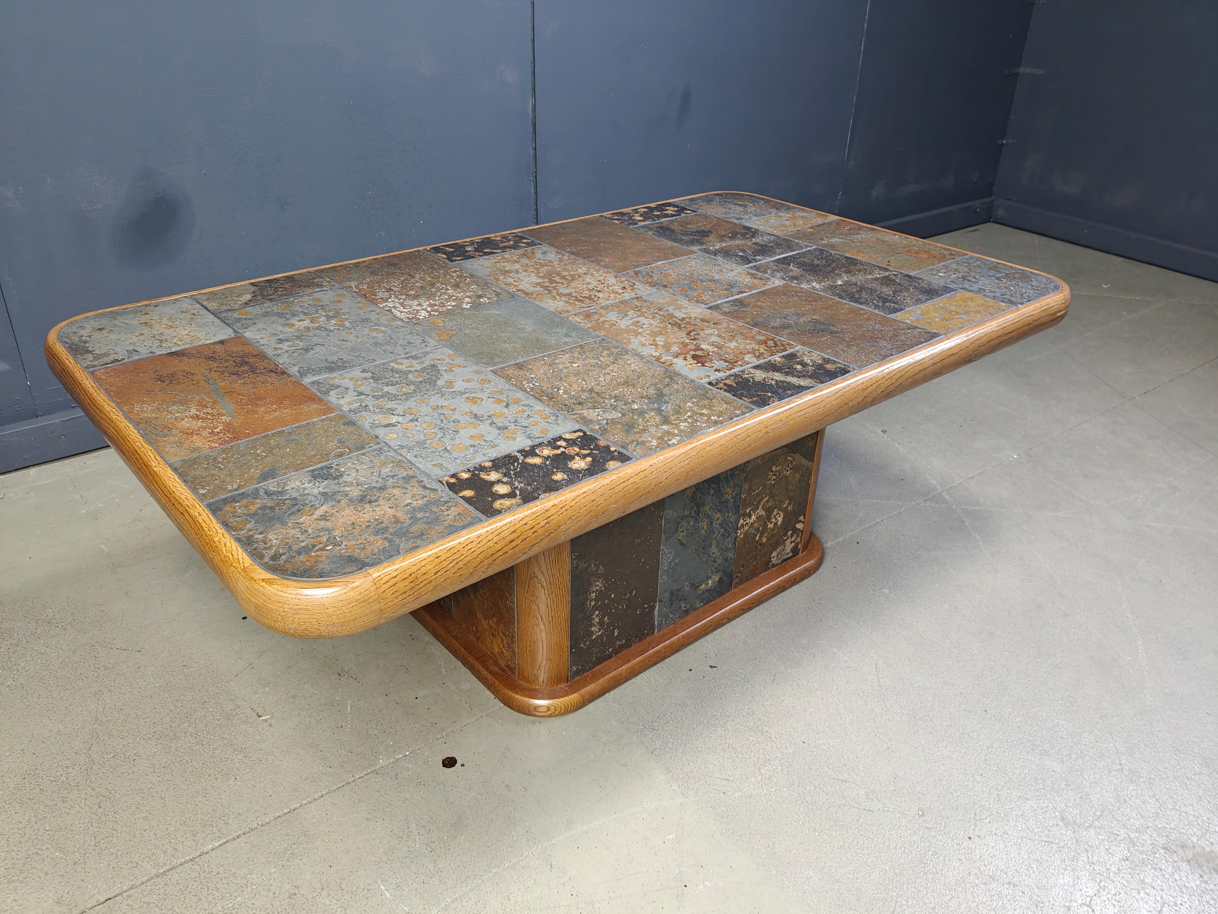 Brutalist Oak and stone brutalist coffee table, 1970s For Sale