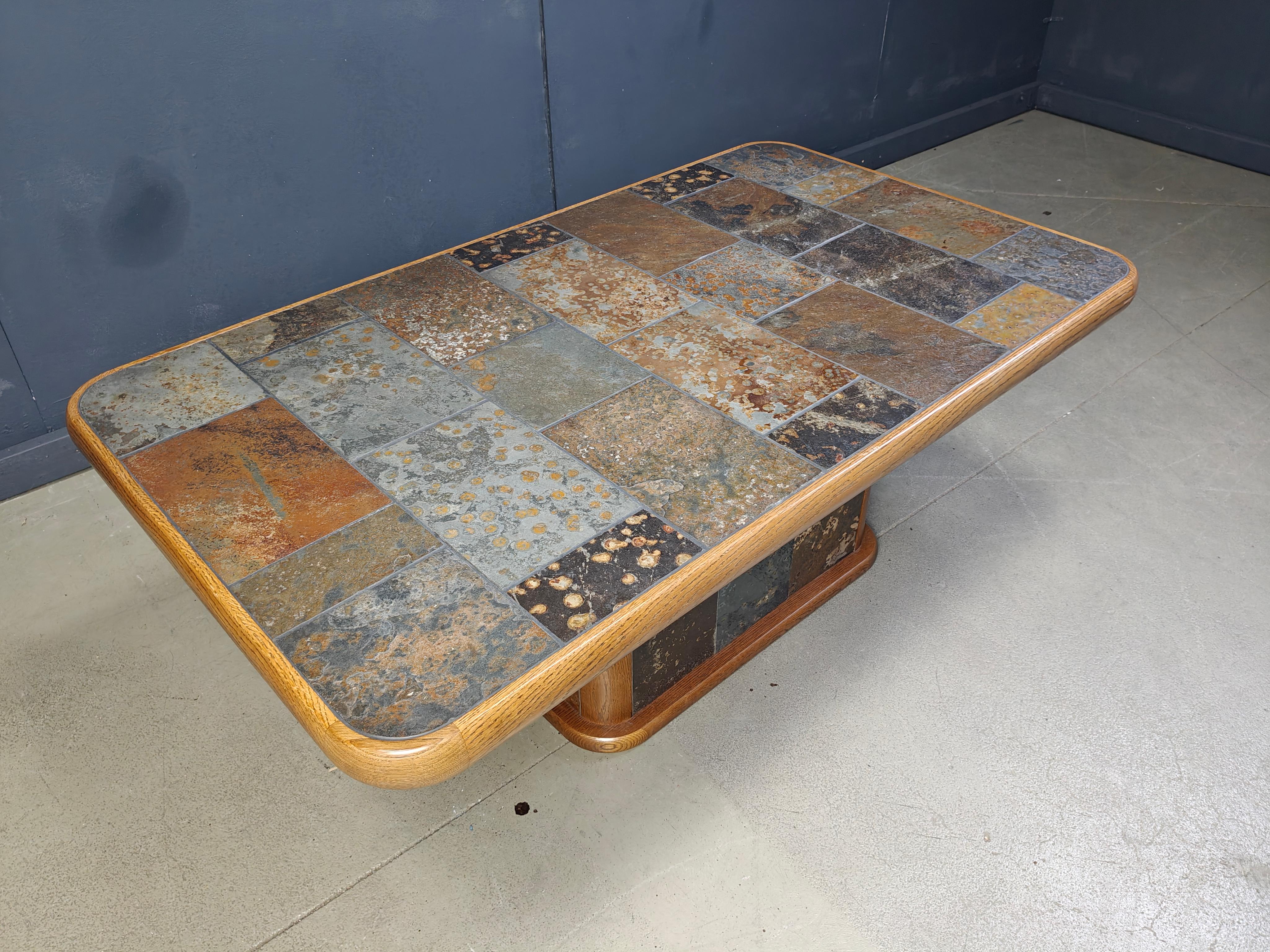 German Oak and stone brutalist coffee table, 1970s For Sale