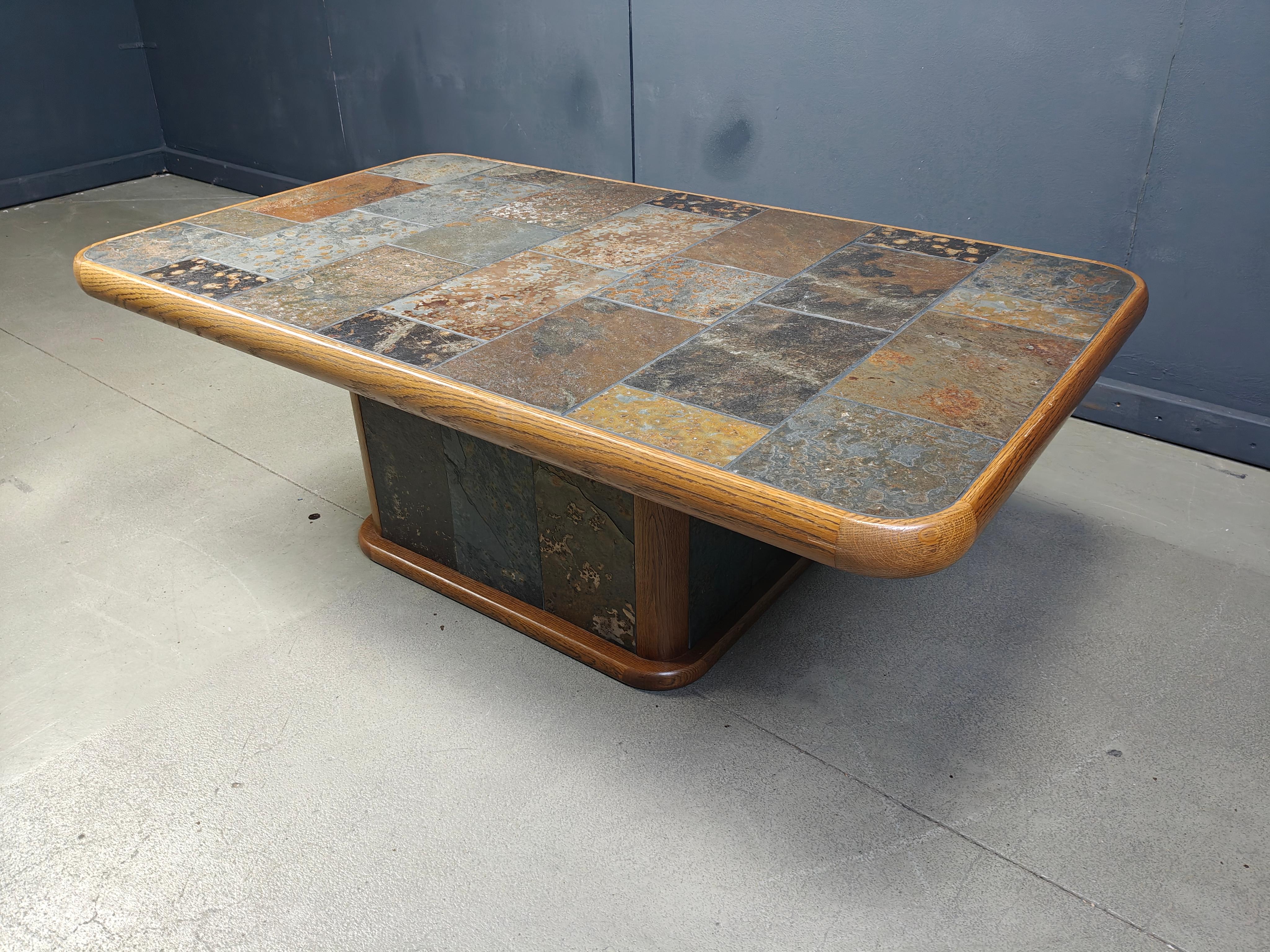Late 20th Century Oak and stone brutalist coffee table, 1970s For Sale
