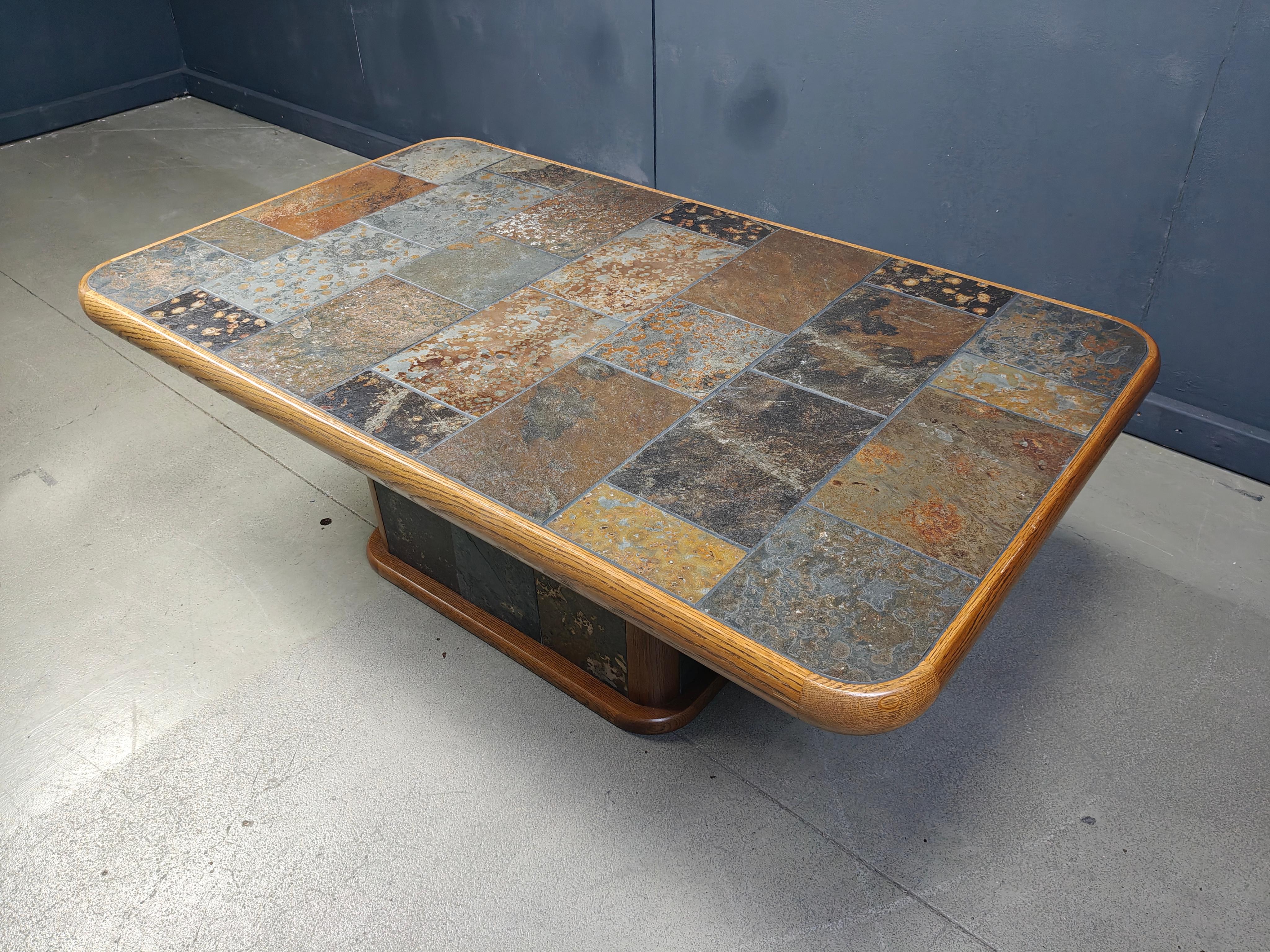 Stone Oak and stone brutalist coffee table, 1970s For Sale