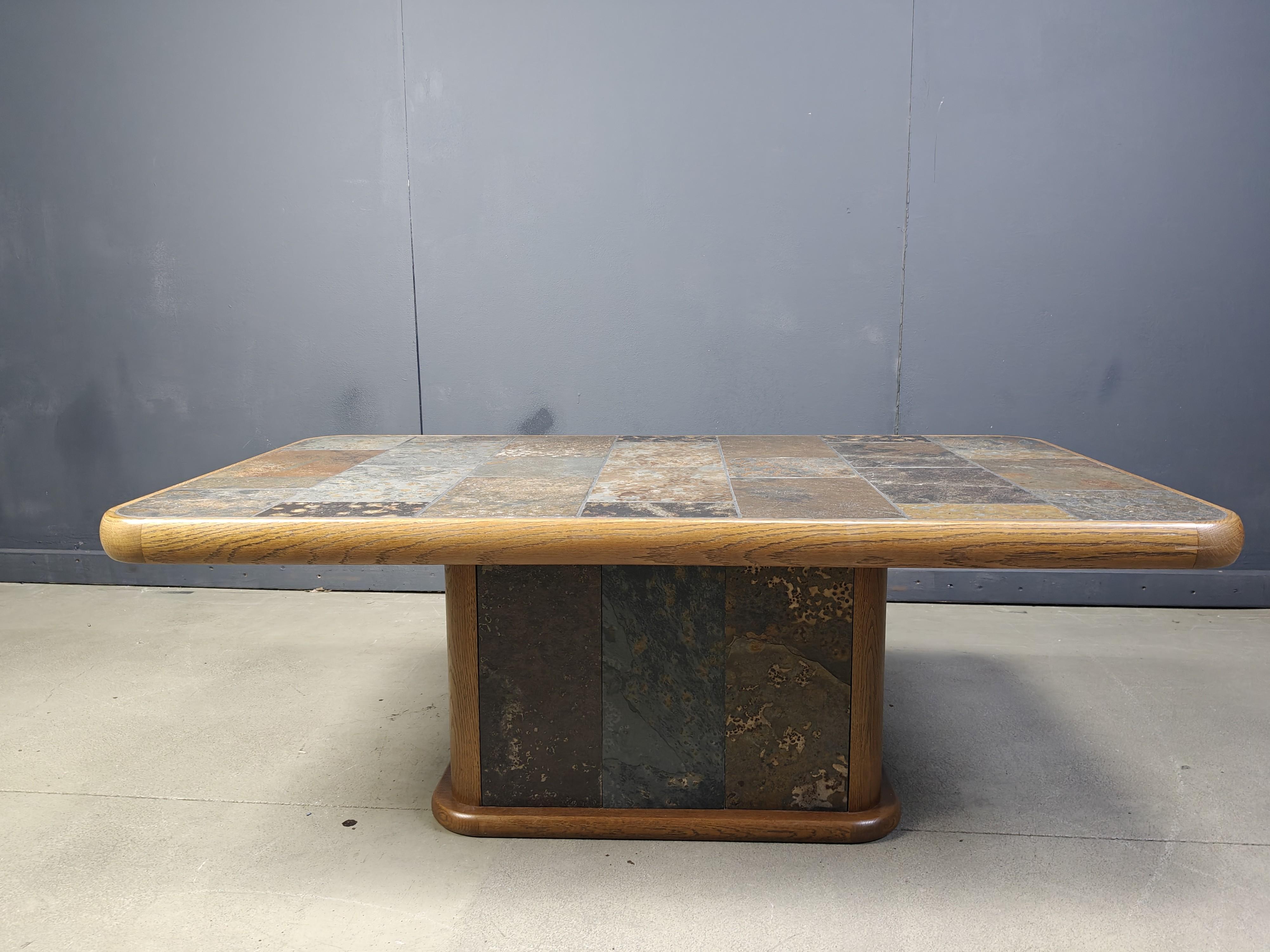 Oak and stone brutalist coffee table, 1970s For Sale 1