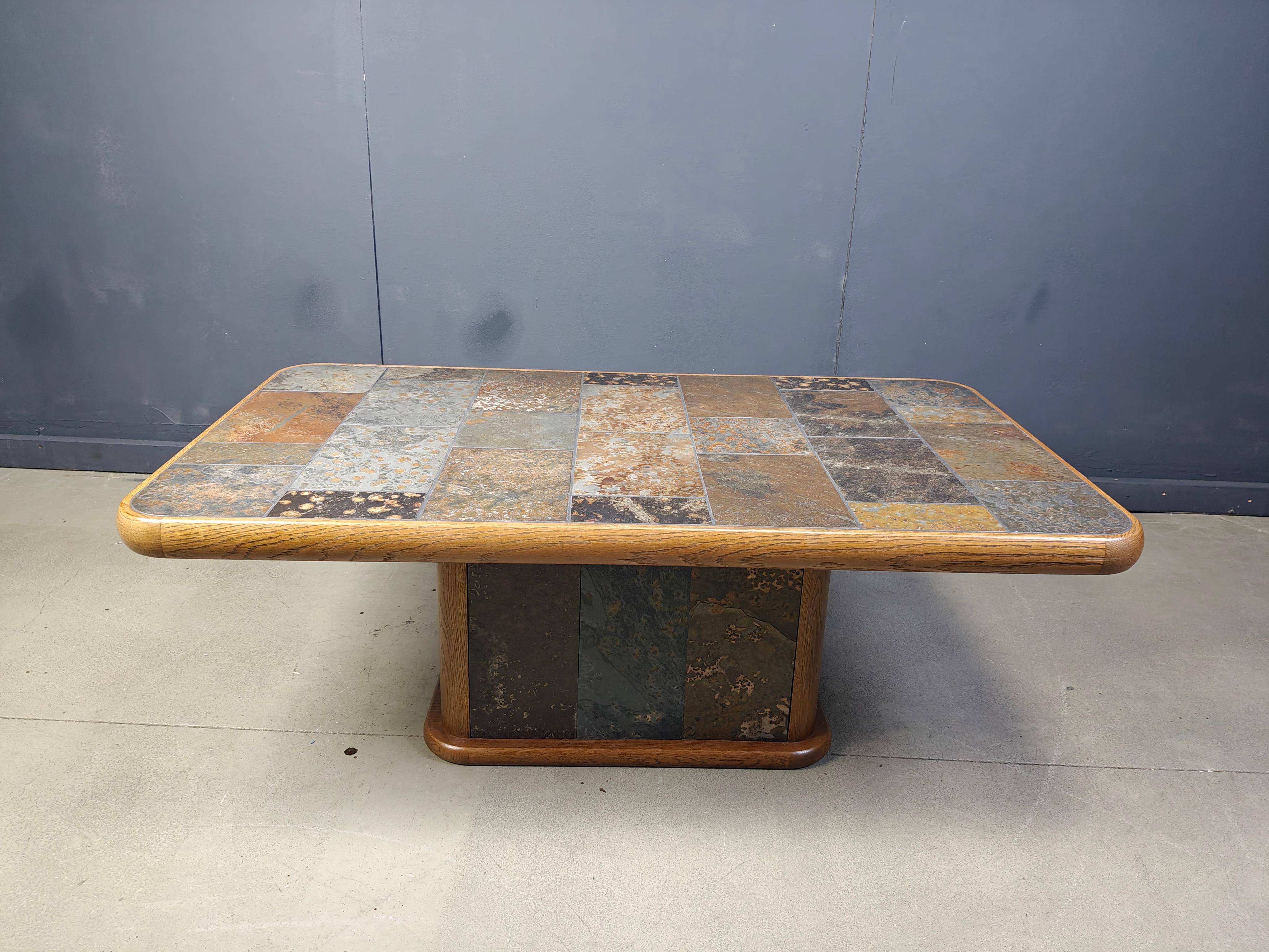 Oak and stone brutalist coffee table, 1970s For Sale 2