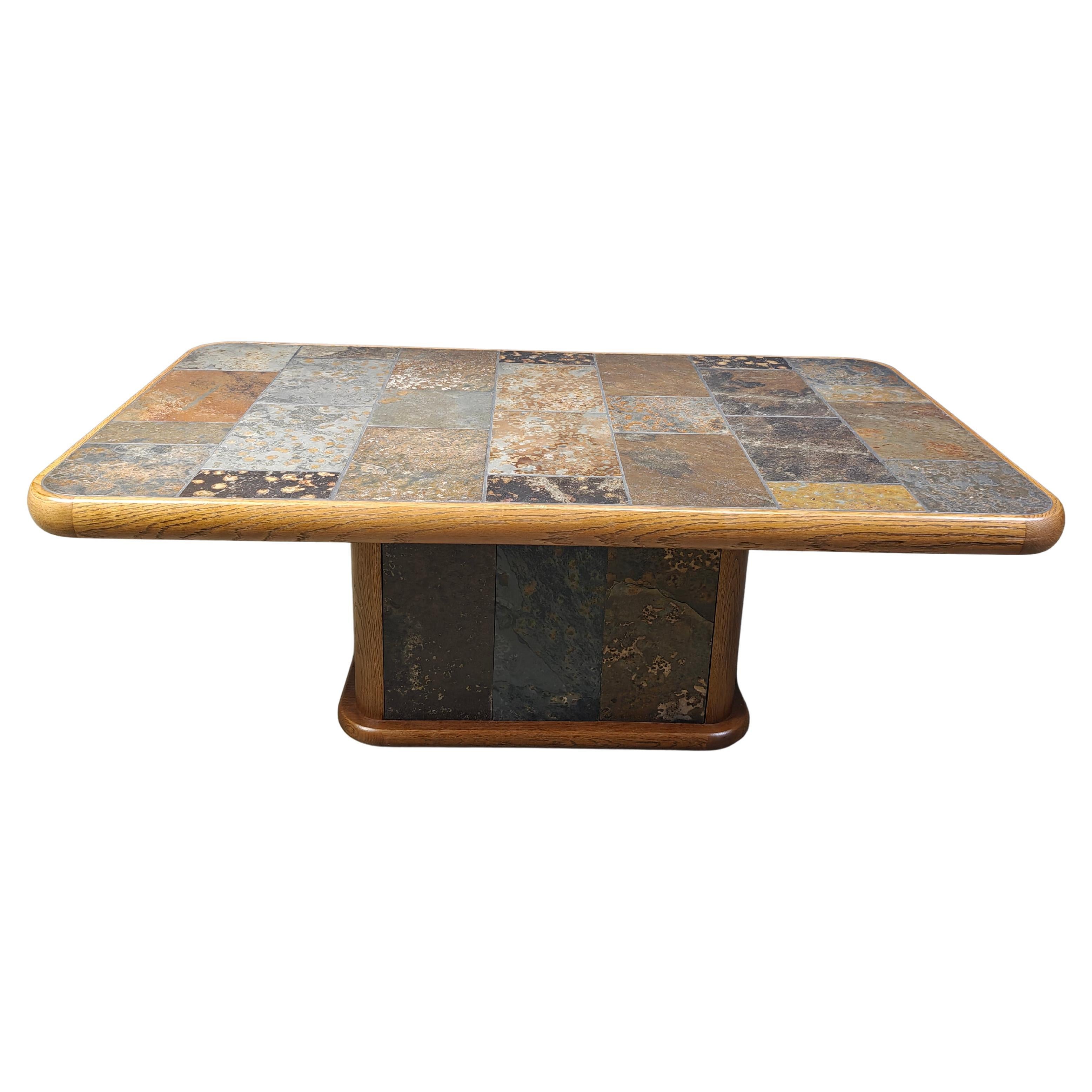 Oak and stone brutalist coffee table, 1970s For Sale