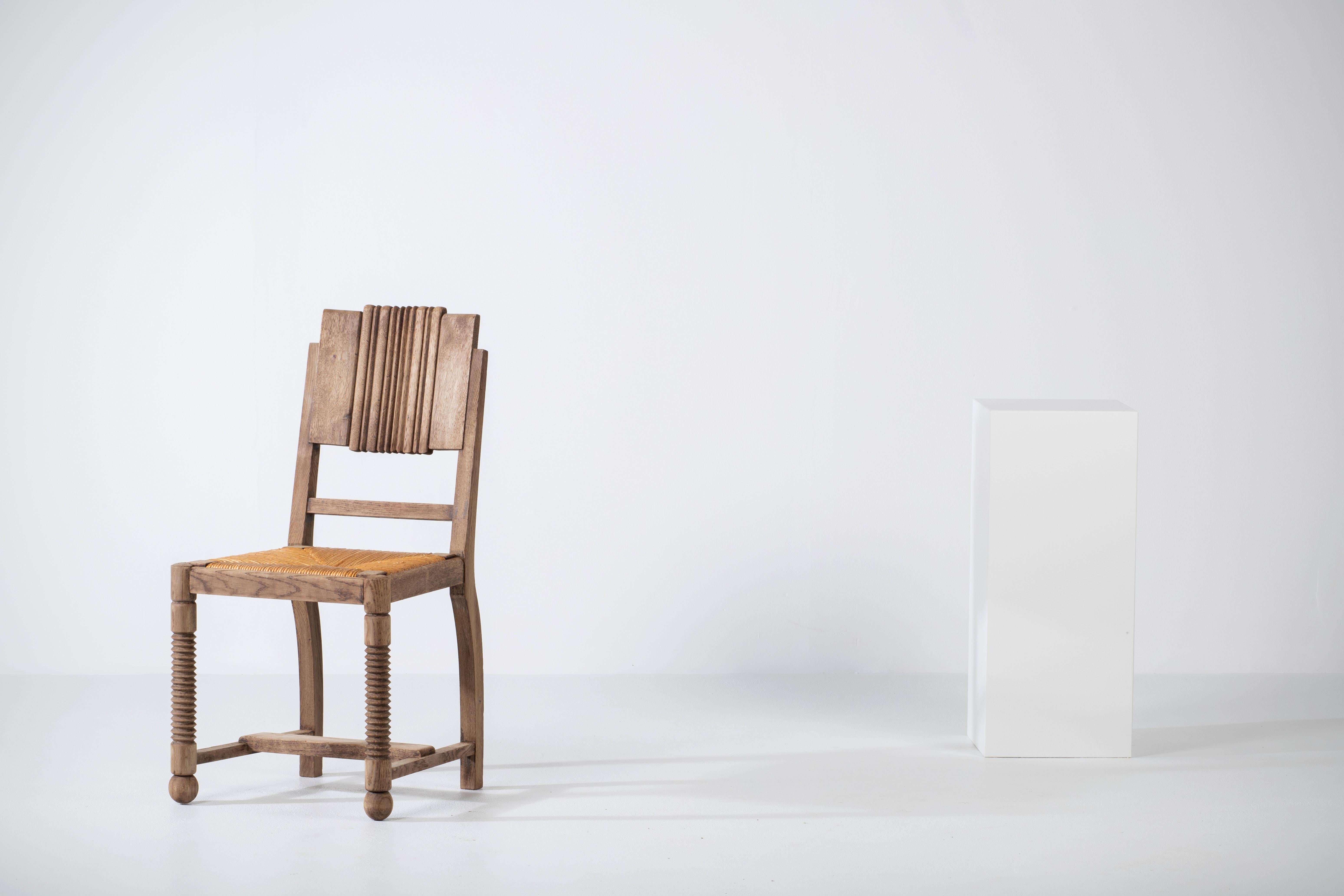 French Oak and Straw Chair by Charles Dudouyt