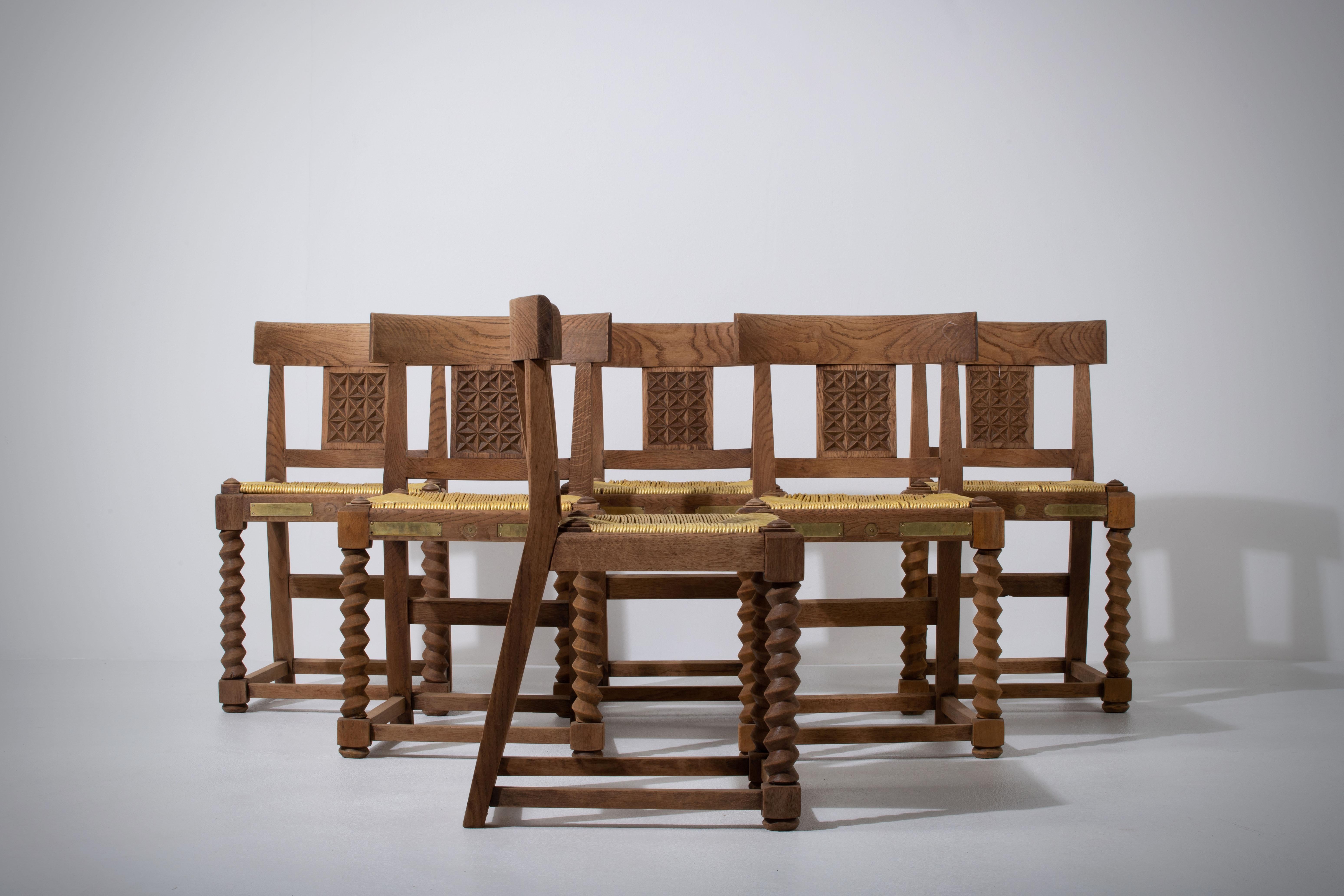 Mid-20th Century Set of 6 Vintage French Oak Dining Chairs: Elegance and Timeless Appeal For Sale