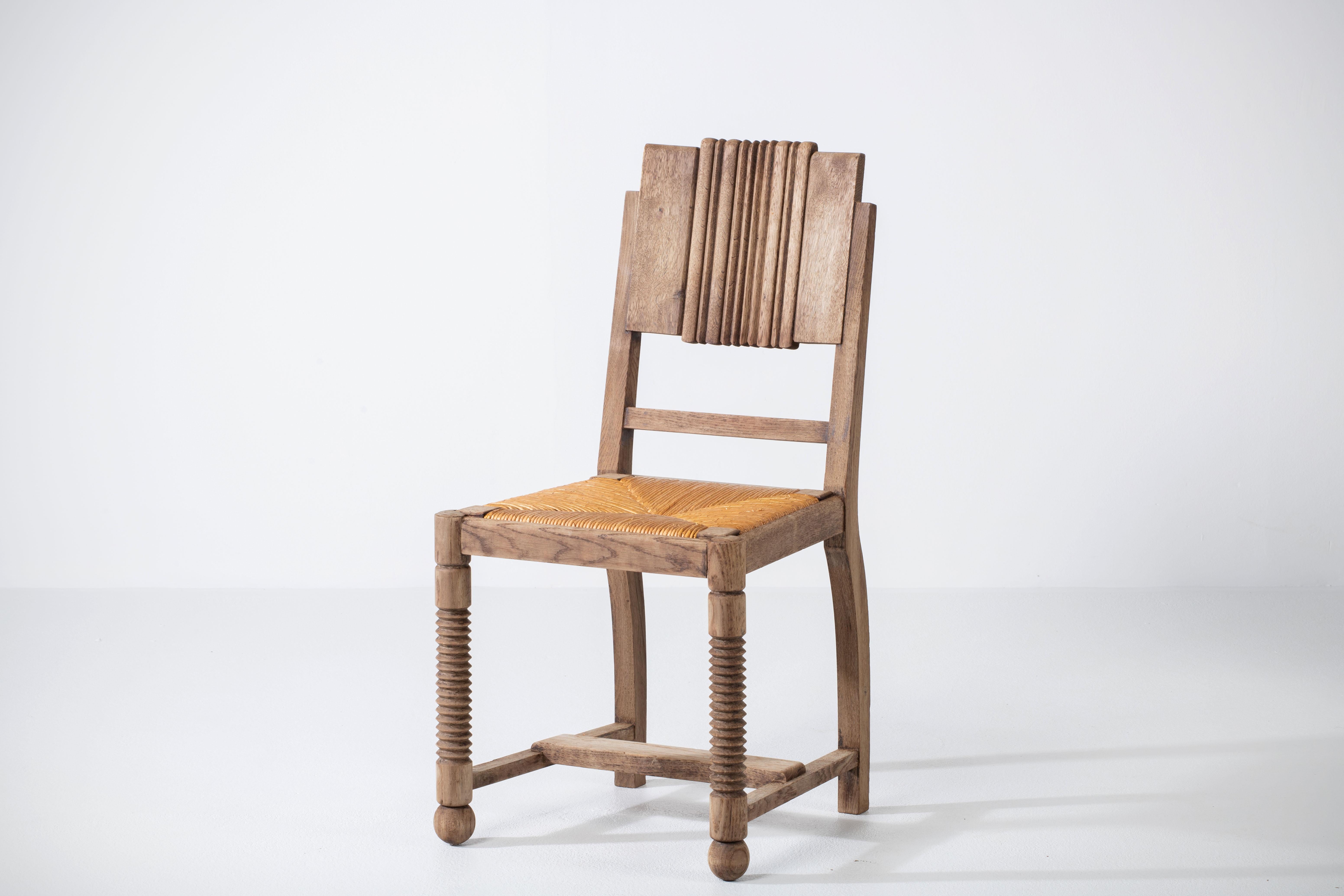 Mid-20th Century Oak and Straw Chair by Charles Dudouyt