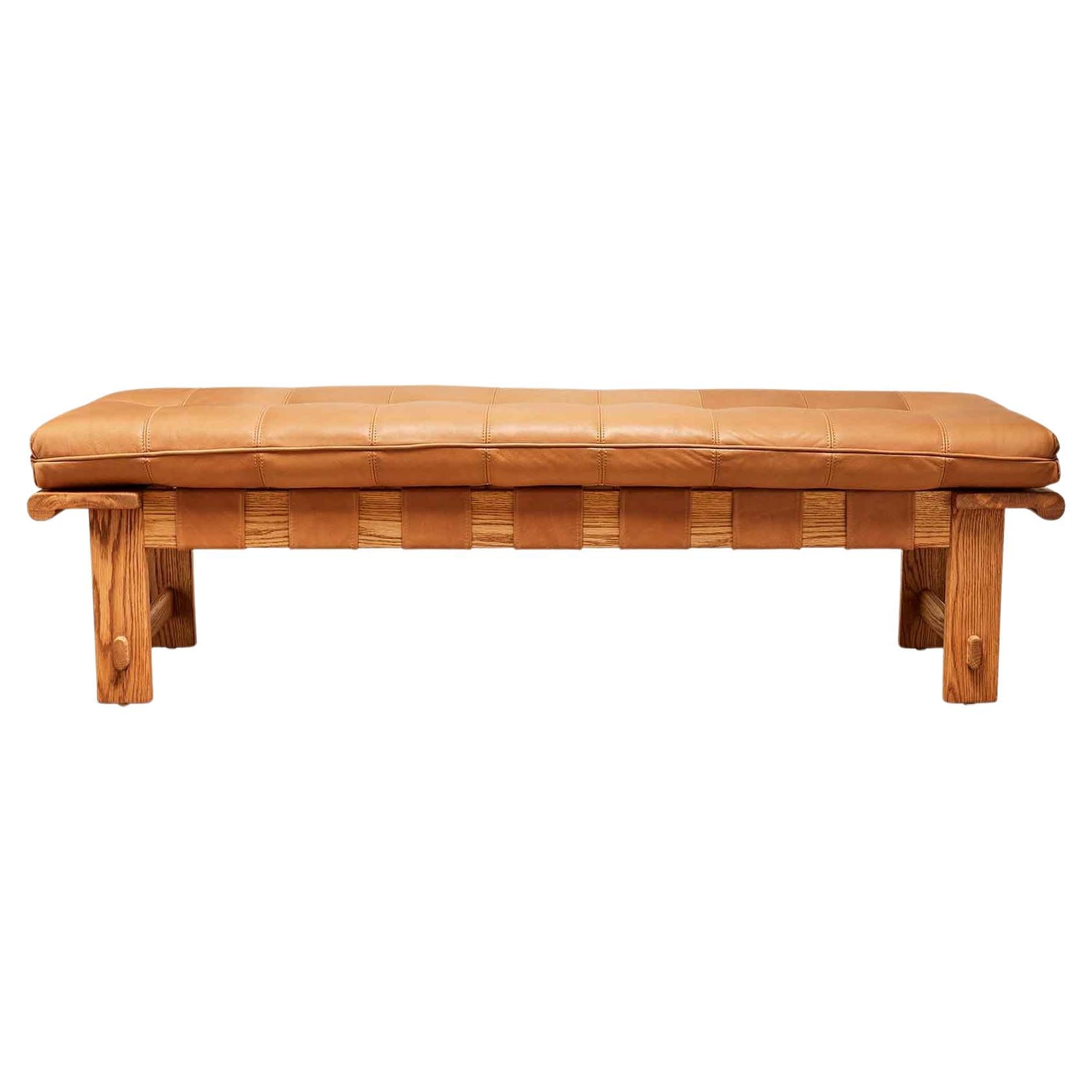 Oak and Tan Leather Ojai Bench by Lawson-Fenning For Sale