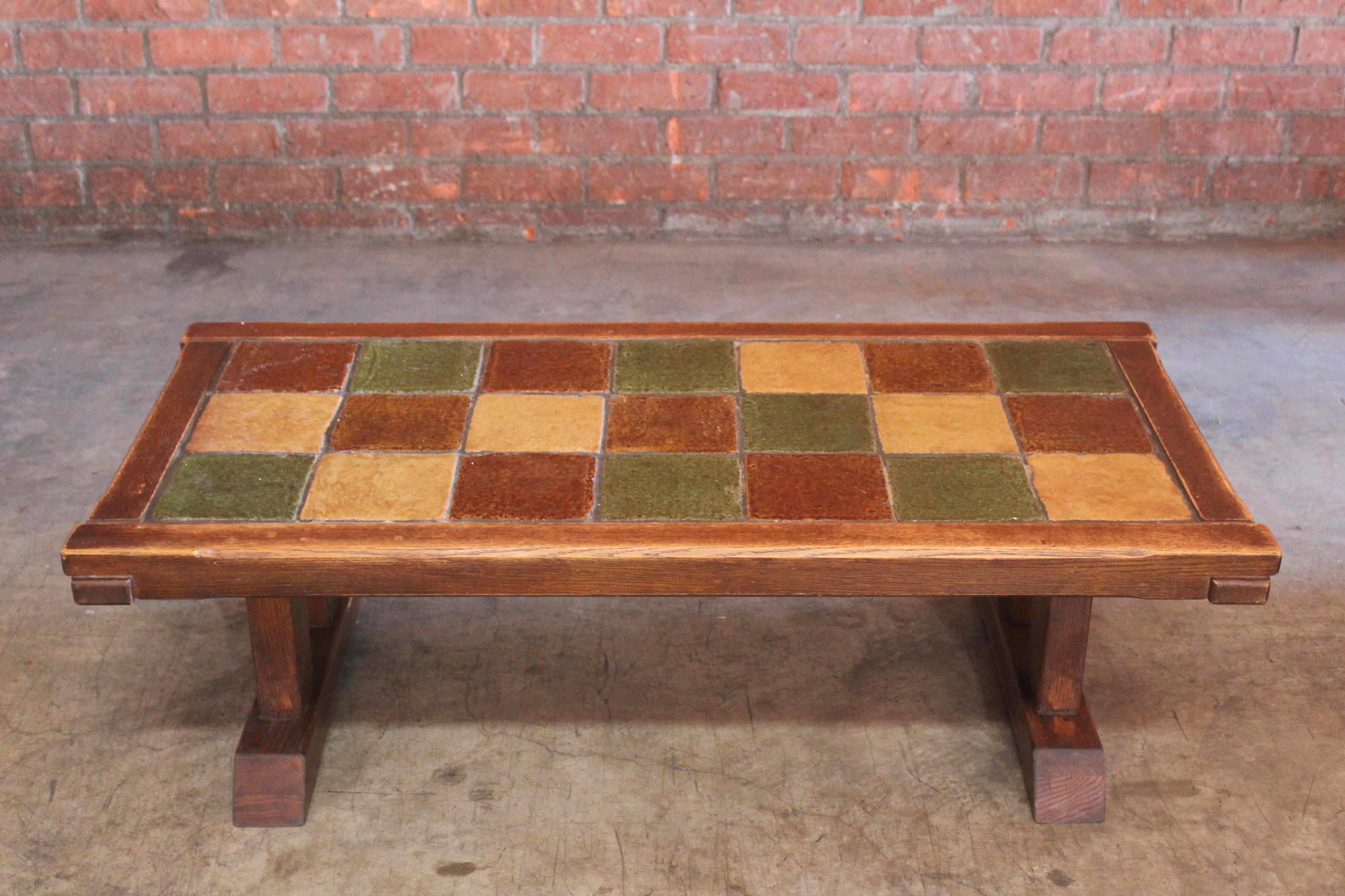 French Oak and Tile Coffee Table, France, 1950s