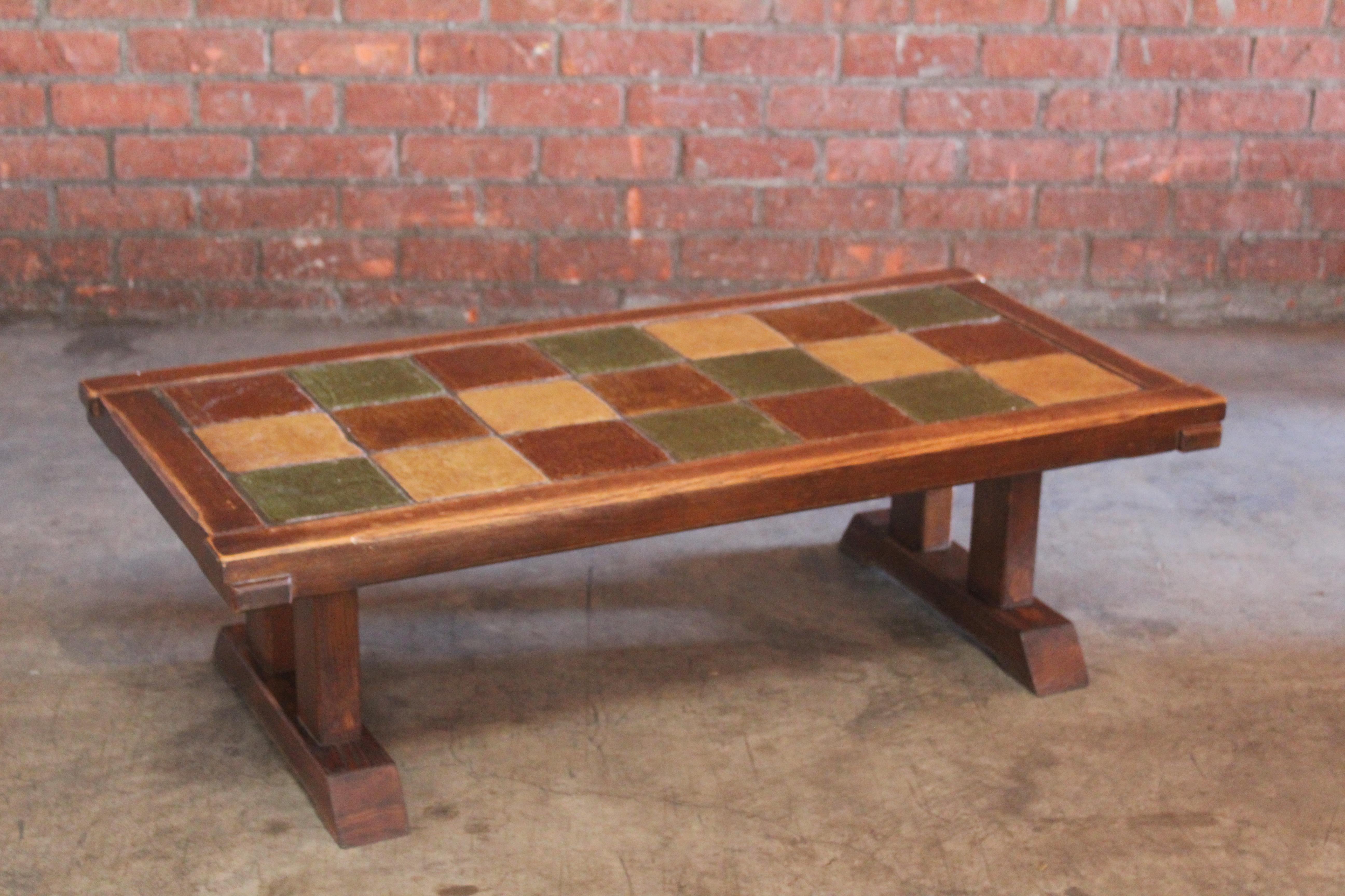 Oak and Tile Coffee Table, France, 1950s In Good Condition In Los Angeles, CA
