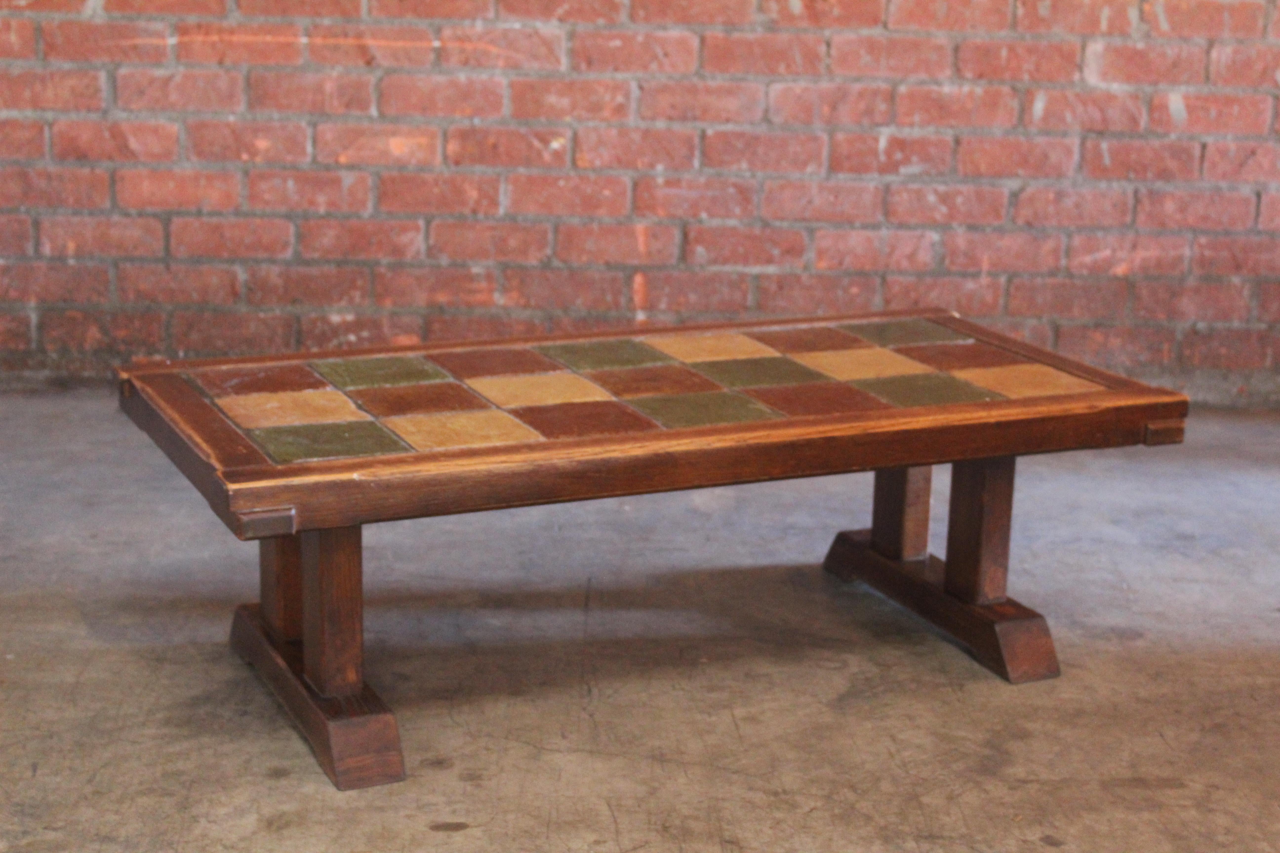 Mid-20th Century Oak and Tile Coffee Table, France, 1950s