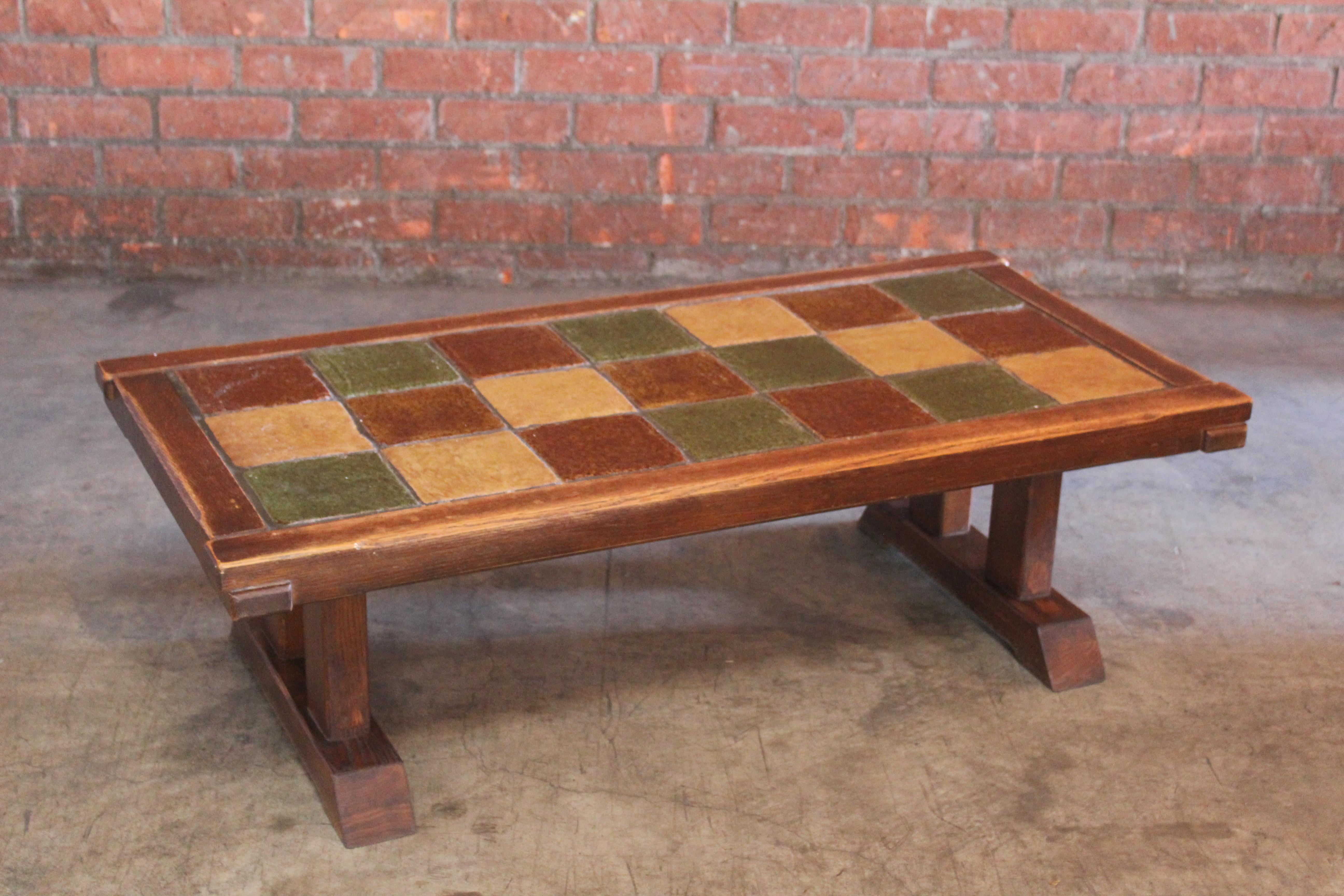 Ceramic Oak and Tile Coffee Table, France, 1950s