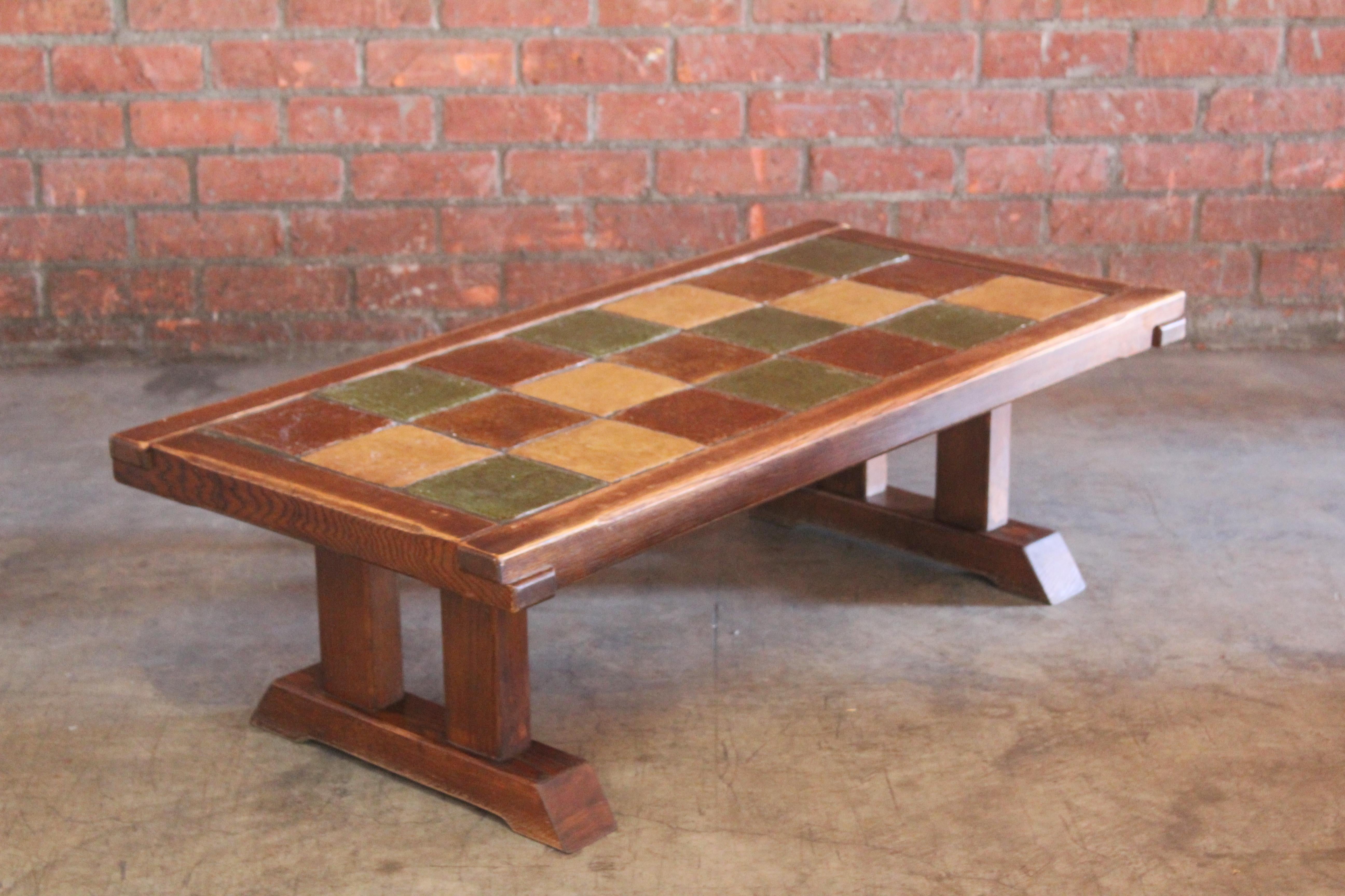 Oak and Tile Coffee Table, France, 1950s 1