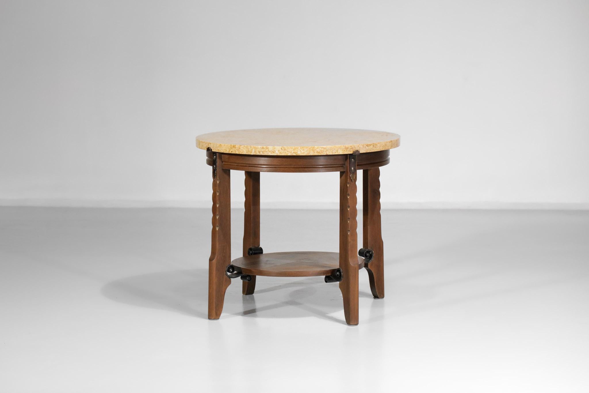 Oak and Travertine Art Deco Coffee Table 1930's Gueridon, E556 For Sale 5