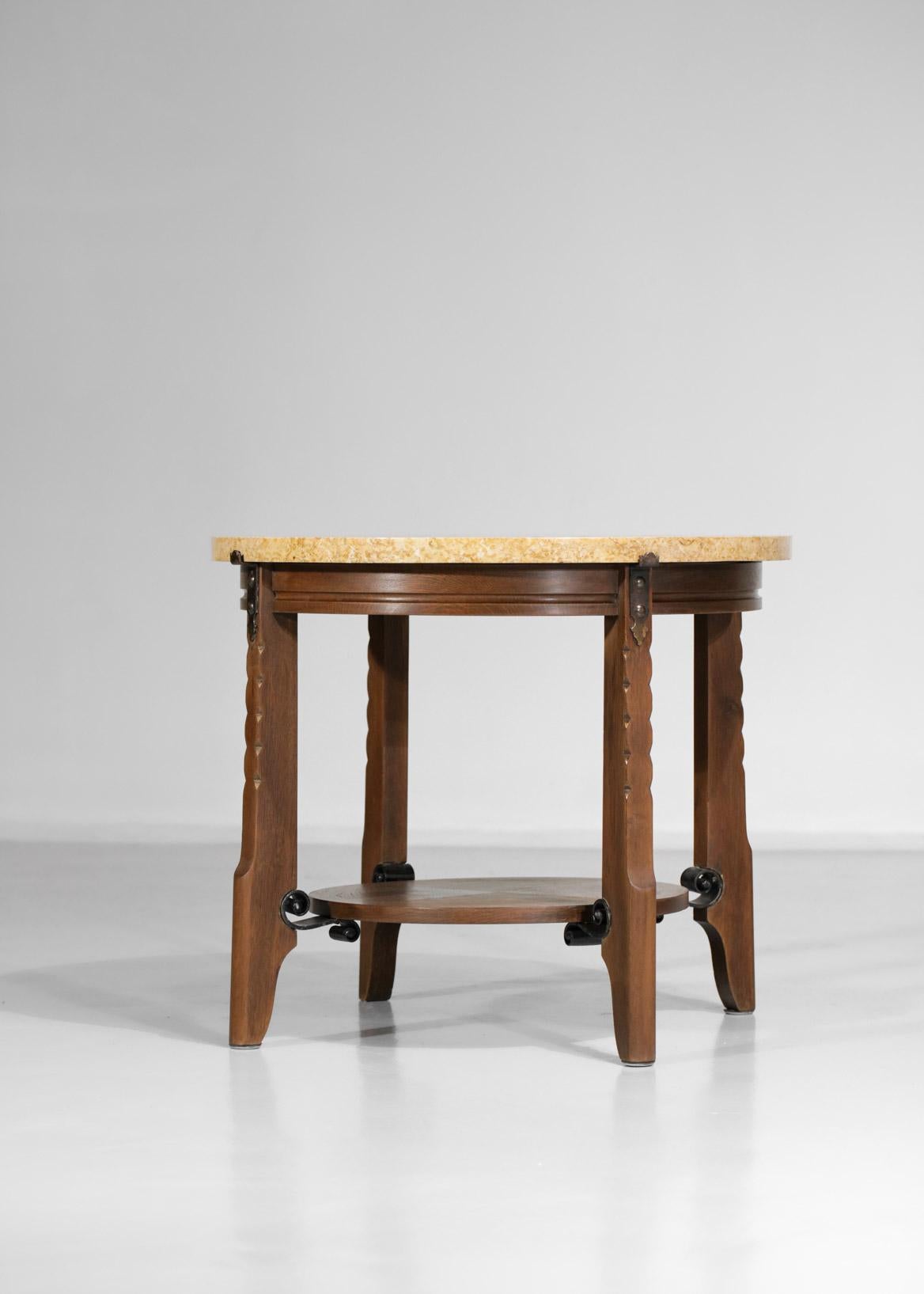 Metal Oak and Travertine Art Deco Coffee Table 1930's Gueridon, E556 For Sale