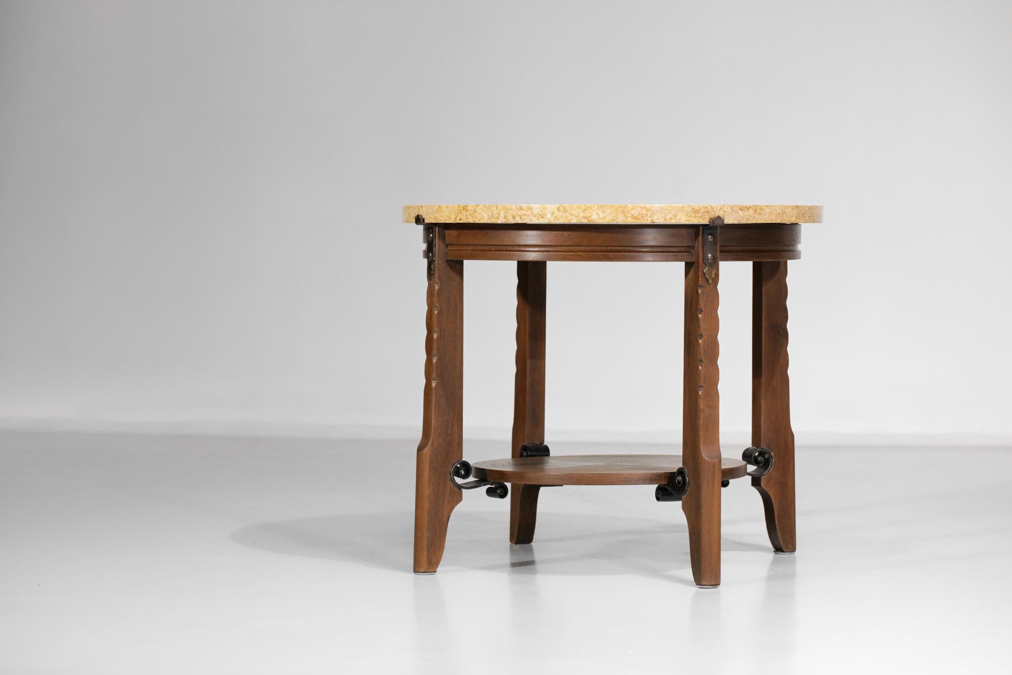Oak and Travertine Art Deco Coffee Table 1930's Gueridon, E556 For Sale 2