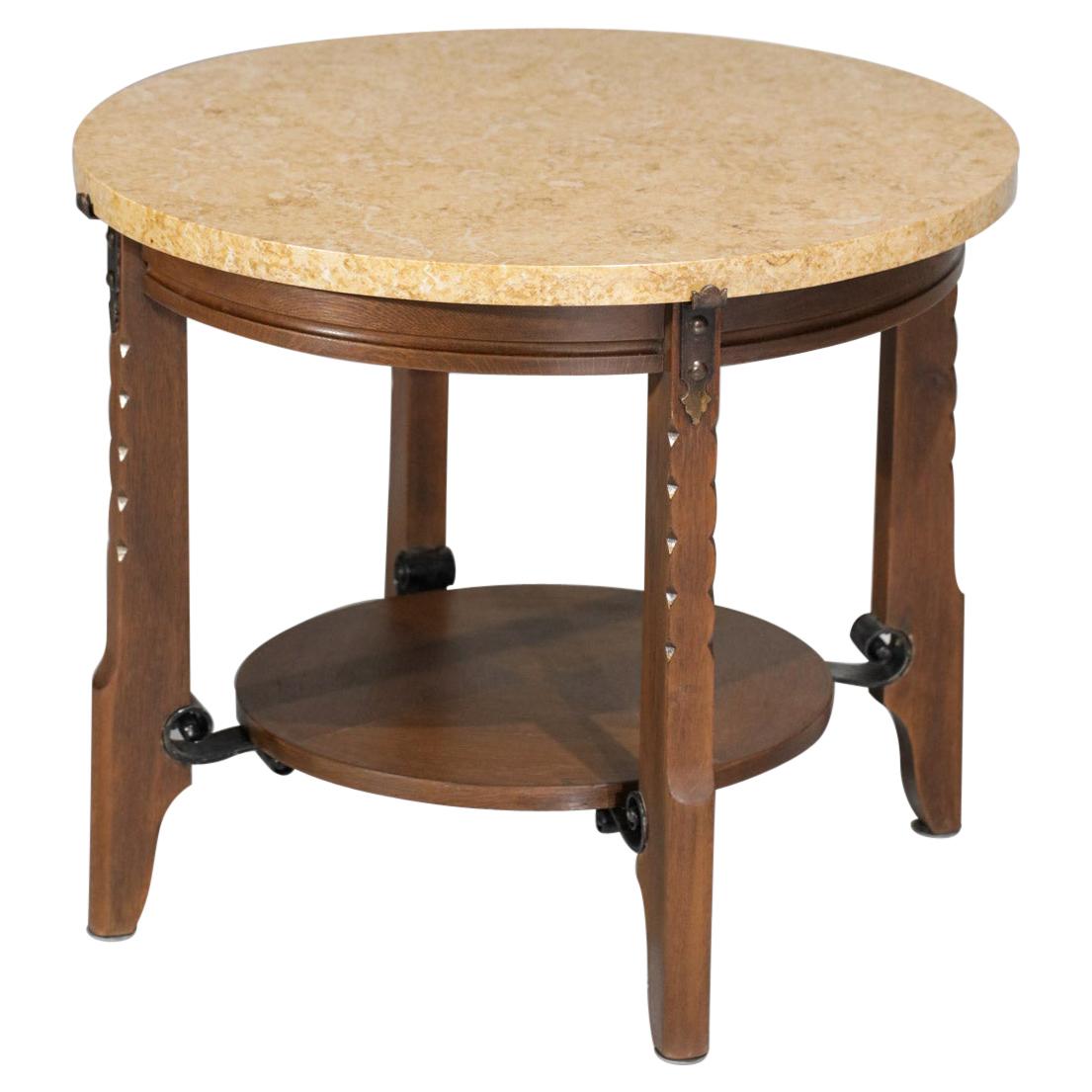 Oak and Travertine Art Deco Coffee Table 1930's Gueridon, E556 For Sale