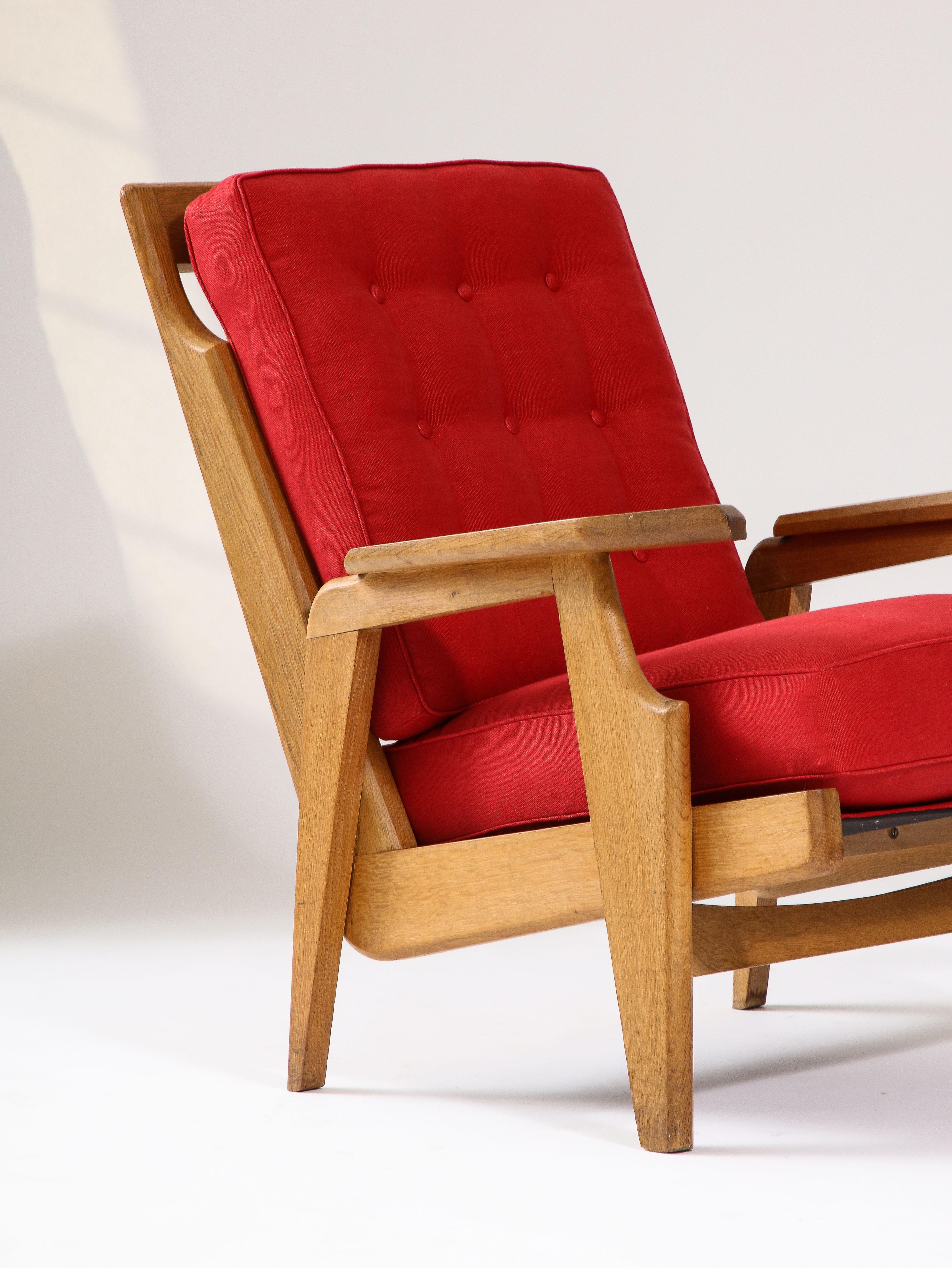 Mid-Century Modern Oak and Upholstery Armchair by Guillerme et Chambron, France, c. 1960 For Sale