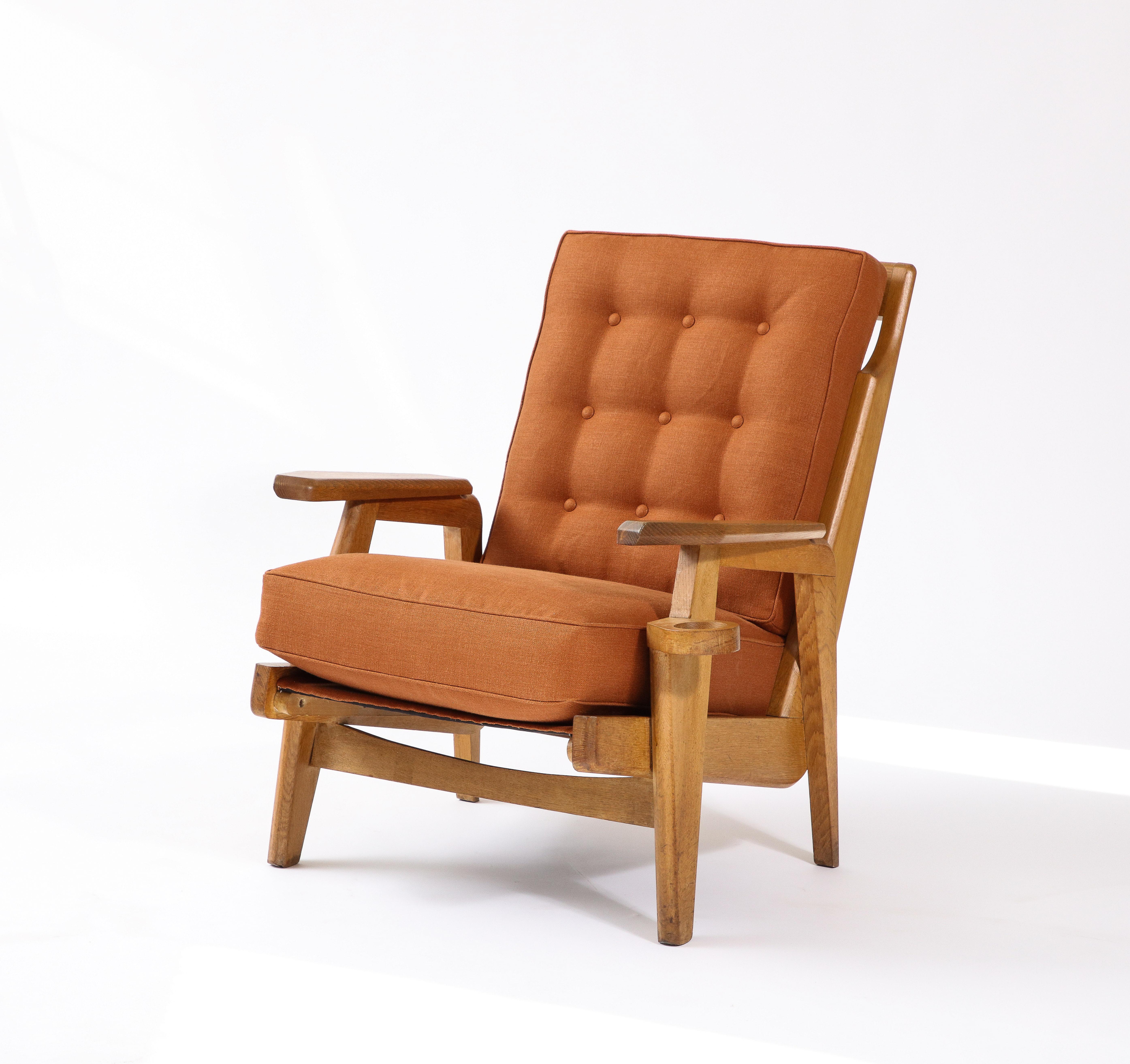 Mid-Century Modern Oak and Upholstery Armchair by Guillerme et Chambron, France, c. 1960