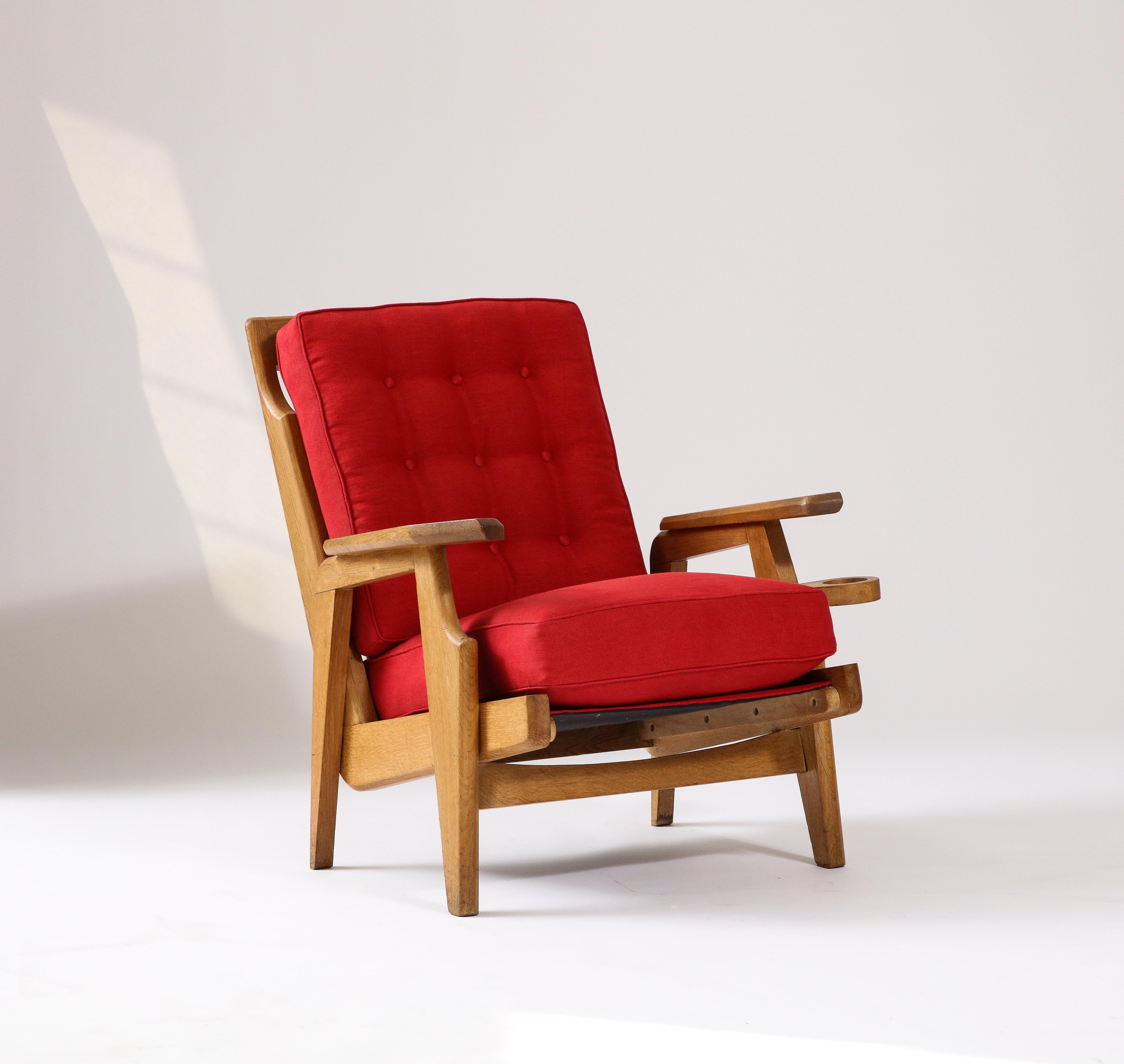 French Oak and Upholstery Armchair by Guillerme et Chambron, France, c. 1960 For Sale