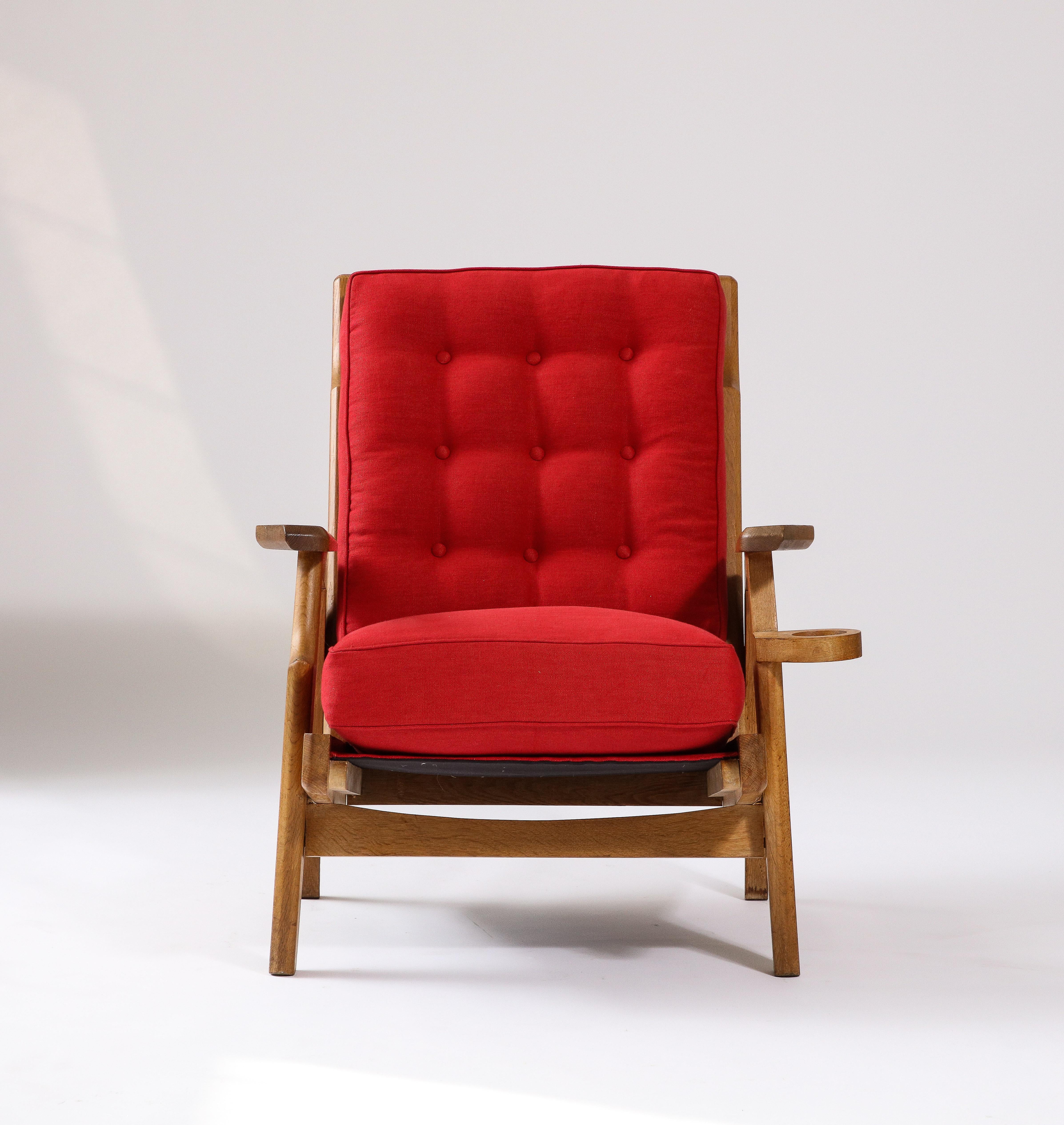 Oak and Upholstery Armchair by Guillerme et Chambron, France, c. 1960 In Good Condition For Sale In New York City, NY