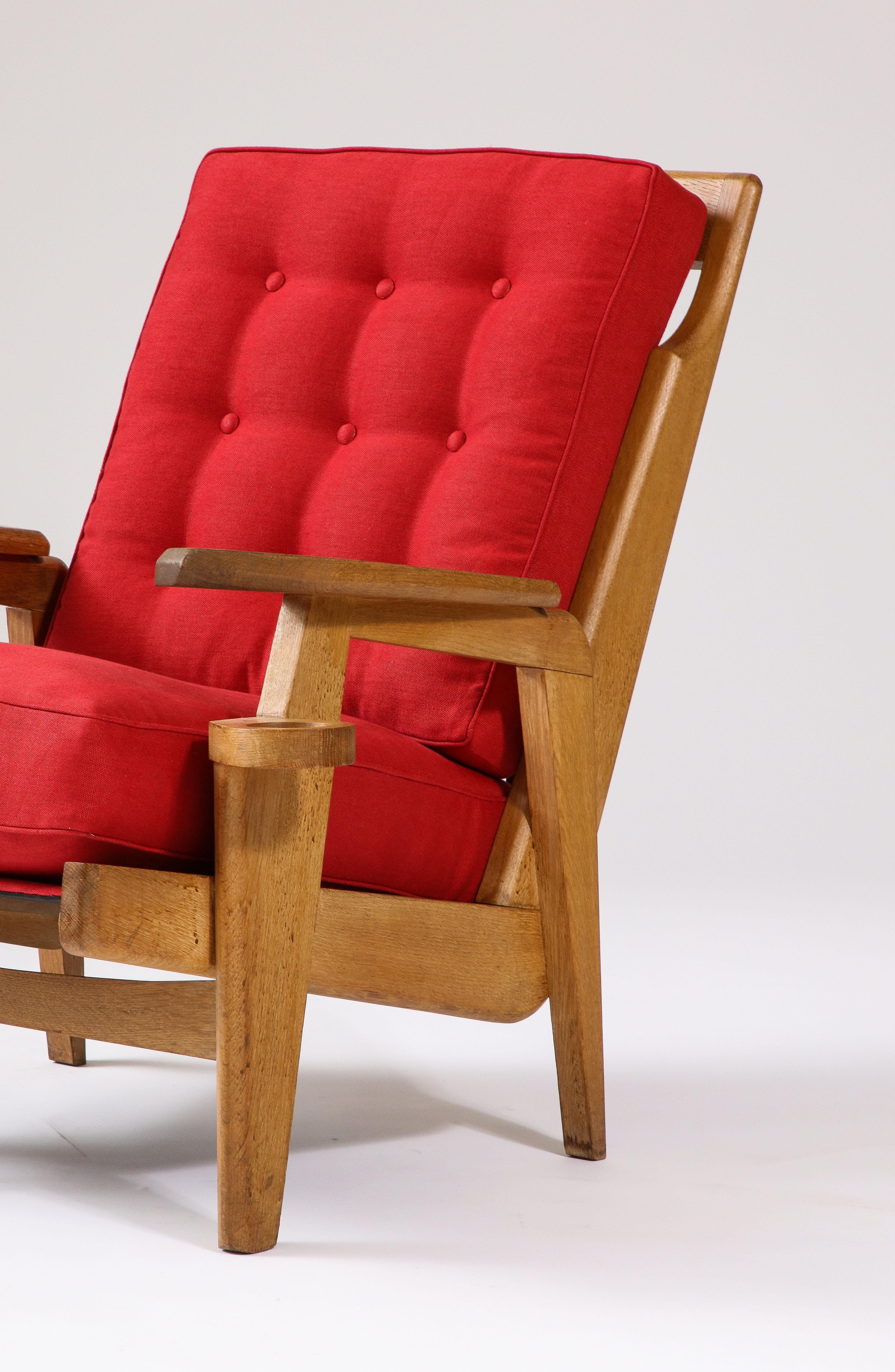 Linen Oak and Upholstery Armchair by Guillerme et Chambron, France, c. 1960 For Sale
