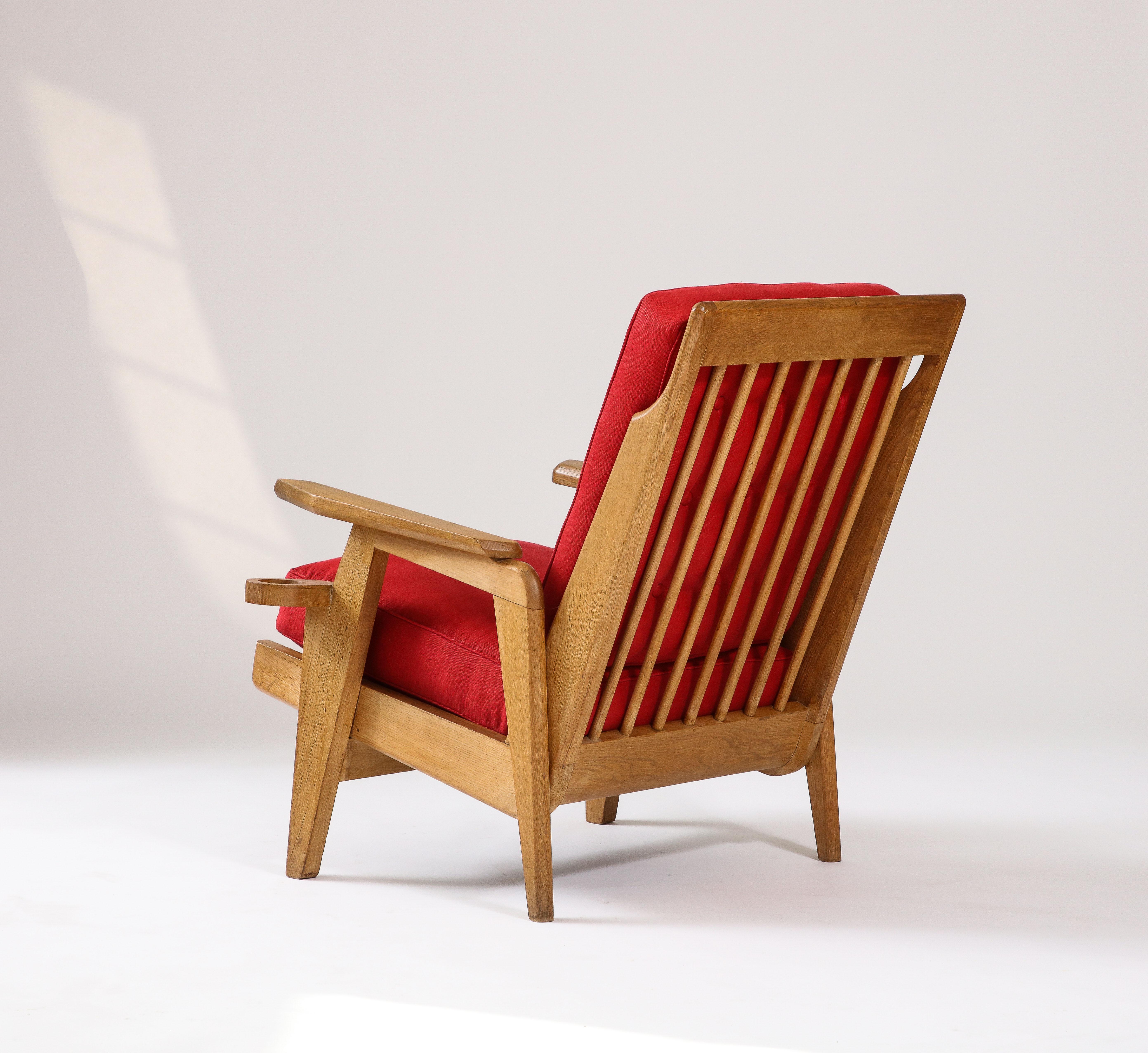 Linen Oak and Upholstery Armchair by Guillerme et Chambron, France, c. 1960