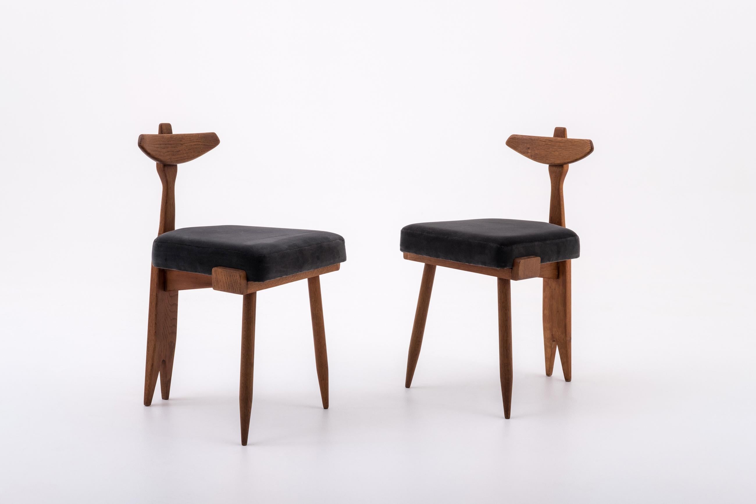 Oak and Velvet Mid-Century Modern Side Chairs by Guillerme et Chambron, 1950s In Excellent Condition In Rotterdam, NL