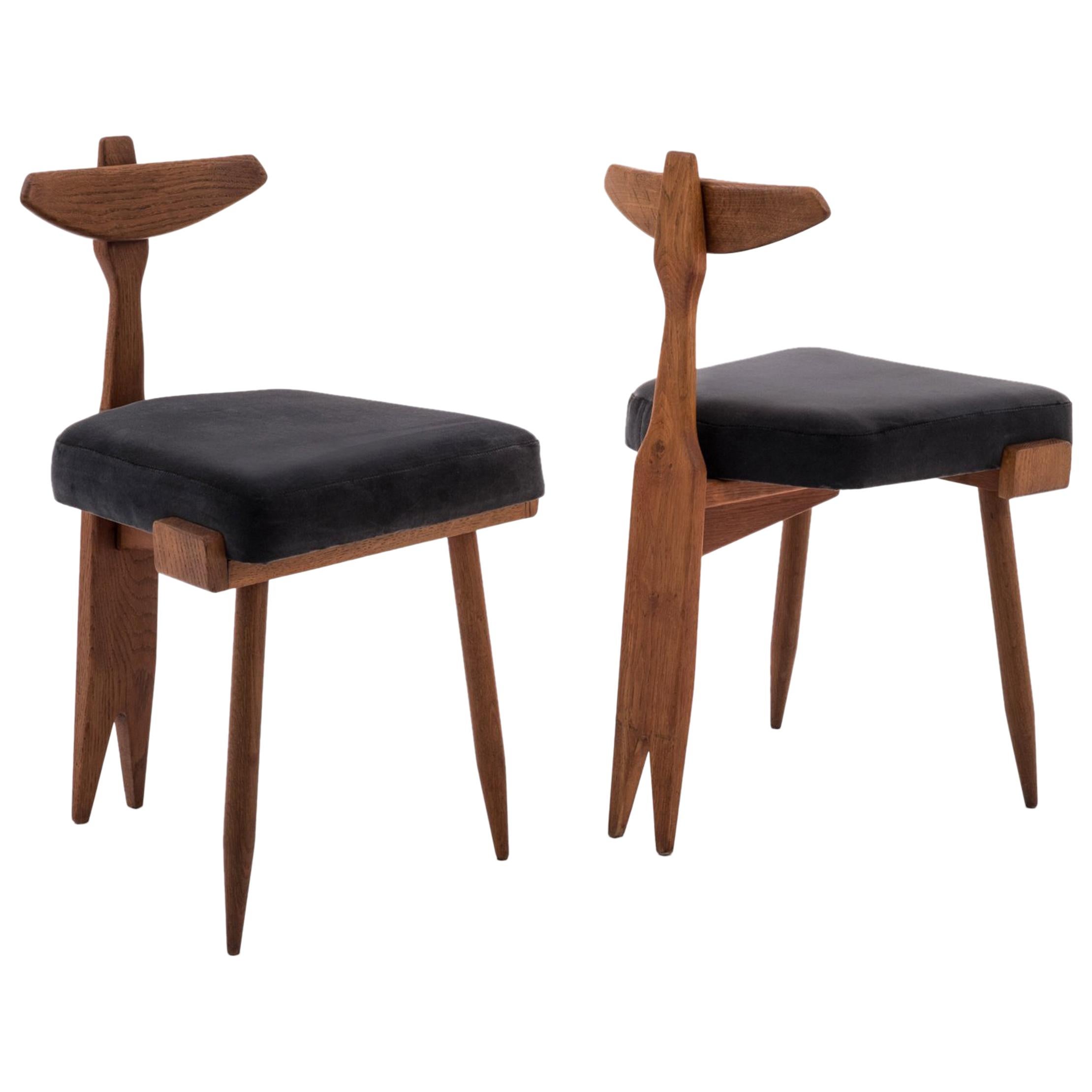 Oak and Velvet Mid-Century Modern Side Chairs by Guillerme et Chambron, 1950s