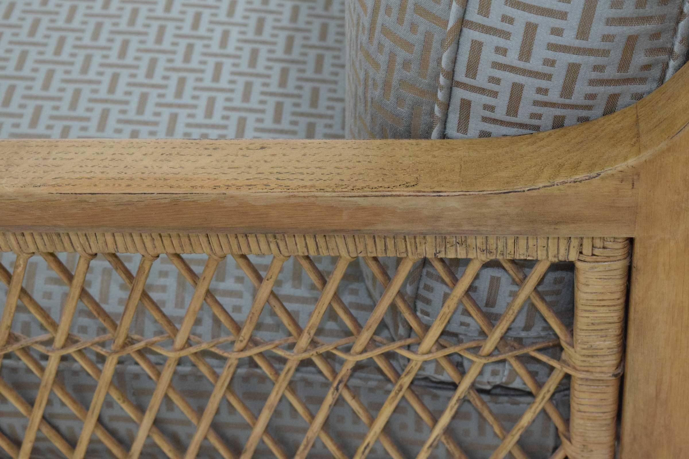 Oak and Wicker Lounge Chair with Ottoman In Excellent Condition In Dallas, TX