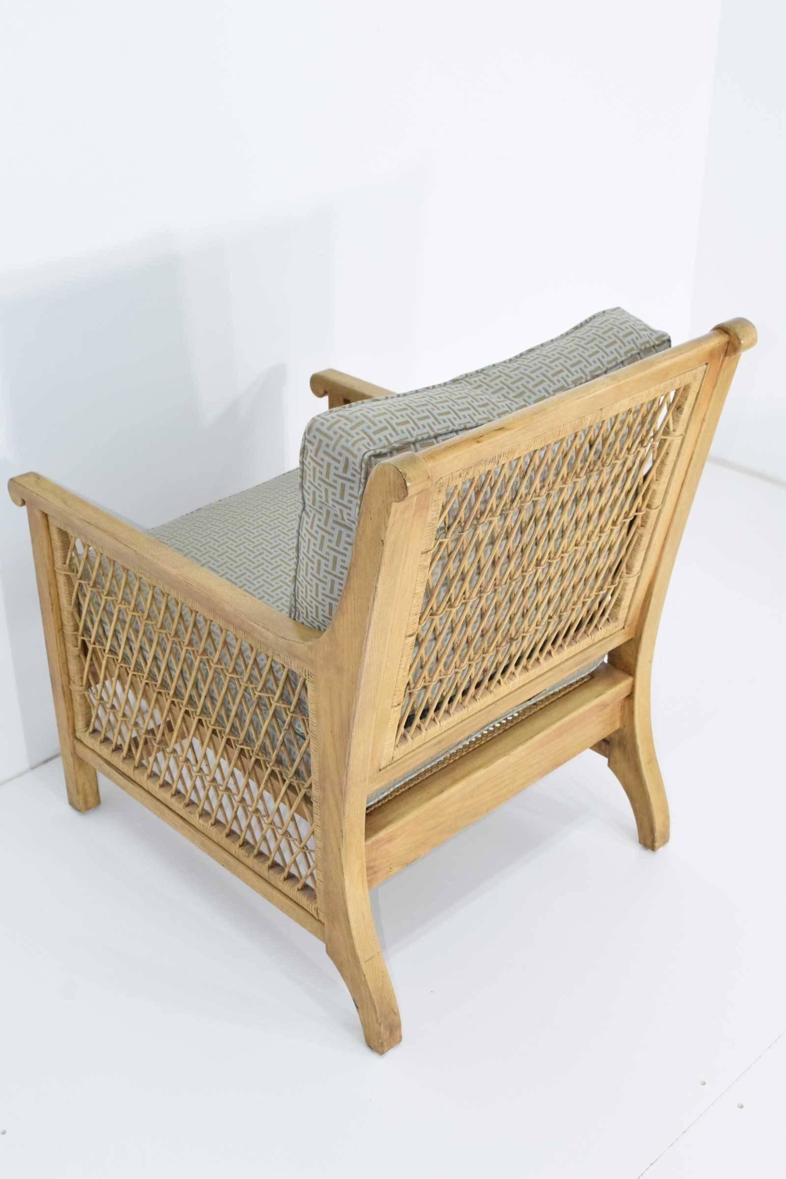 Upholstery Oak and Wicker Lounge Chair with Ottoman