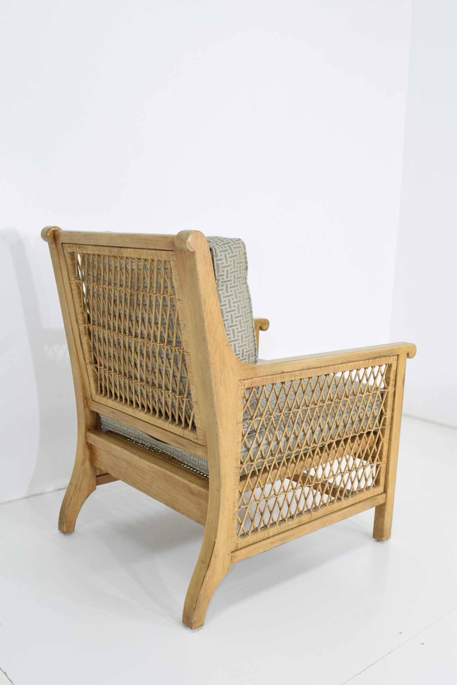 Oak and Wicker Lounge Chair with Ottoman 1
