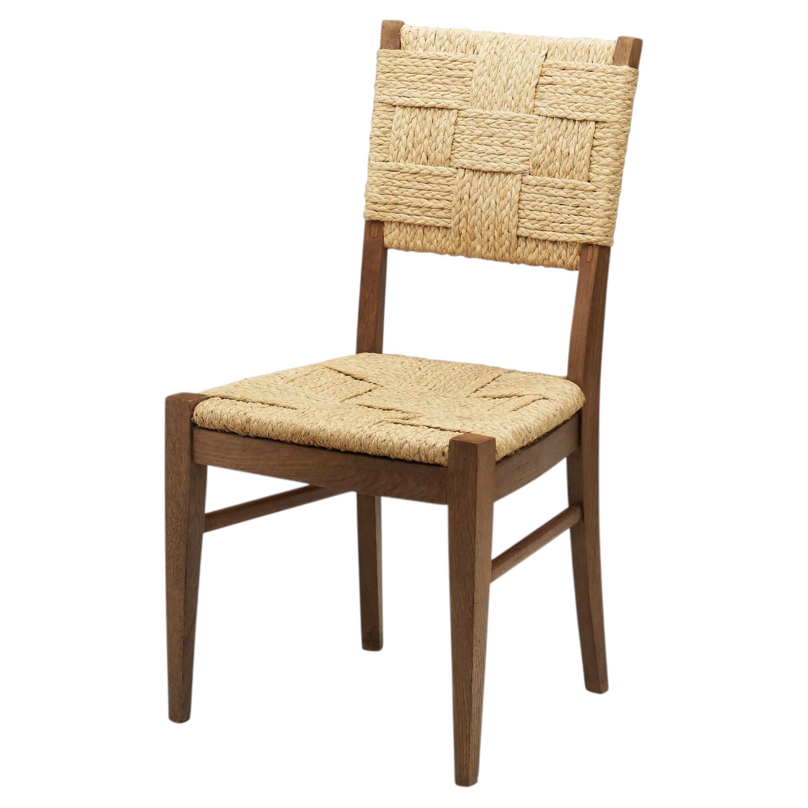 Oak and Woven Rope Chair by Audoux-Minet, France Mid-20th Century