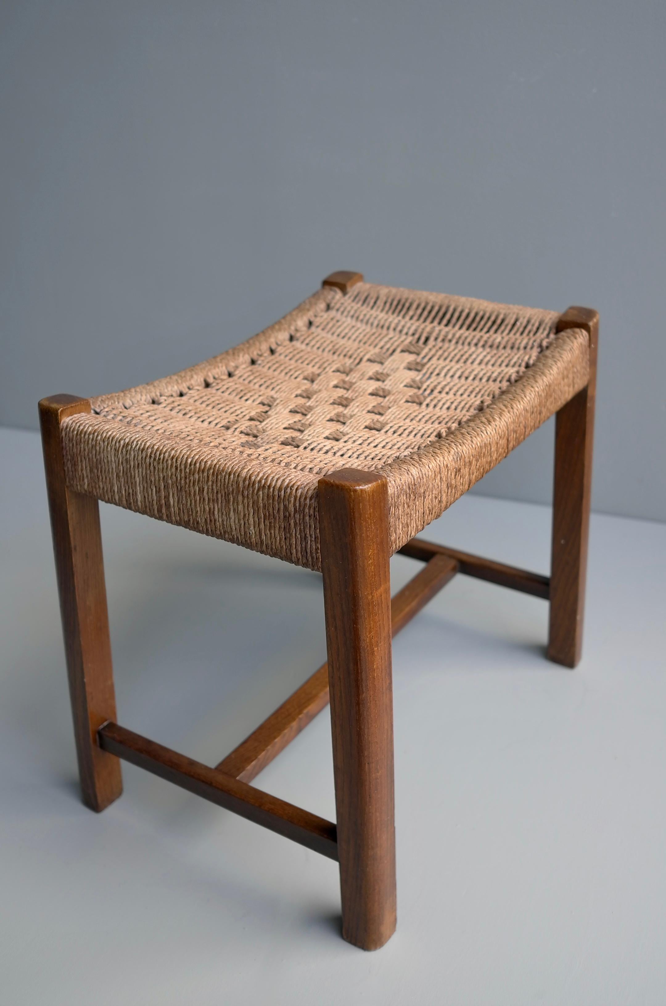Oak and woven rope stool by Audoux Minet France 1950s.