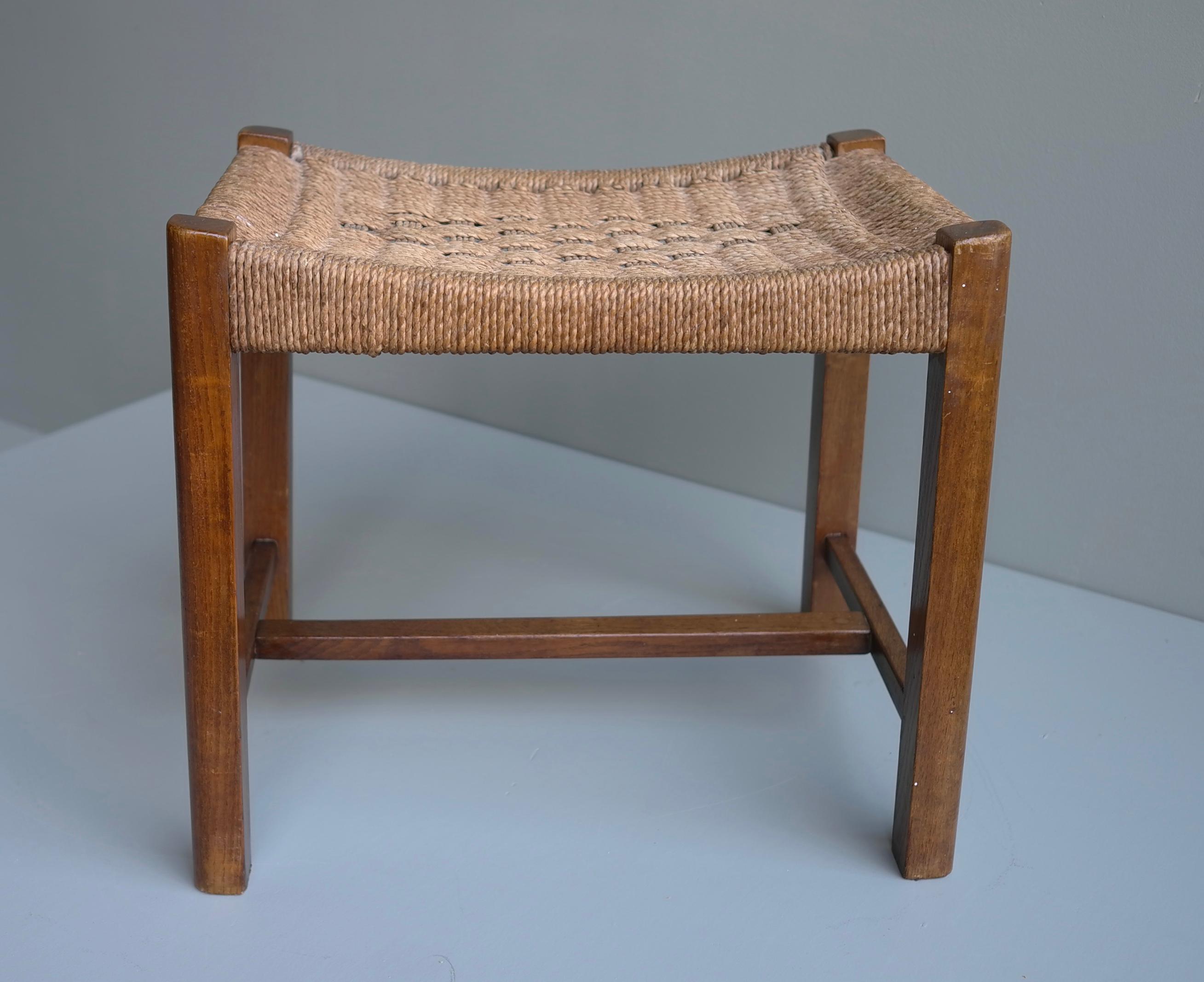 Mid-Century Modern Oak and Woven Rope Stool by Audoux Minet France 1950s