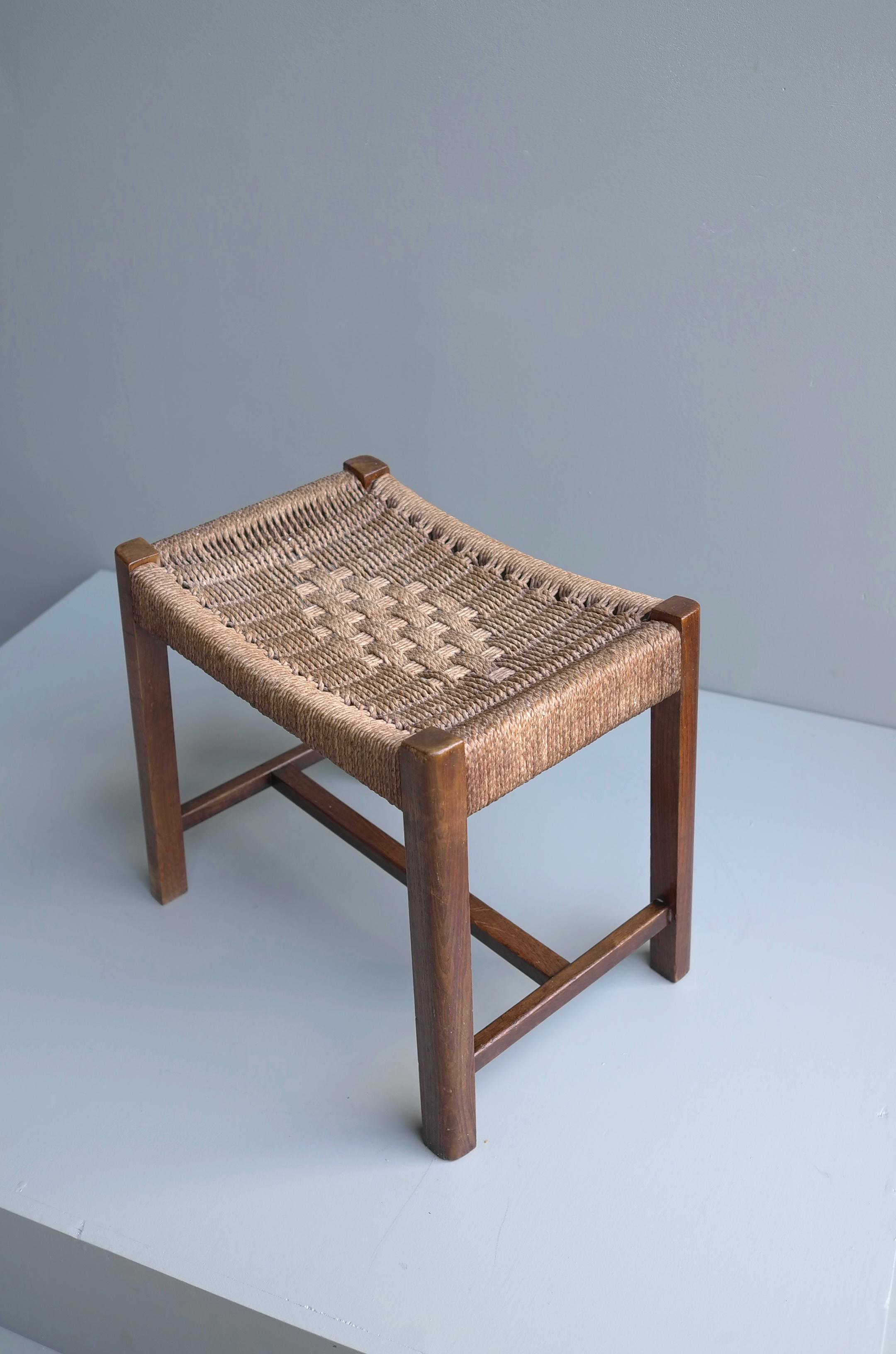French Oak and Woven Rope Stool by Audoux Minet France 1950s