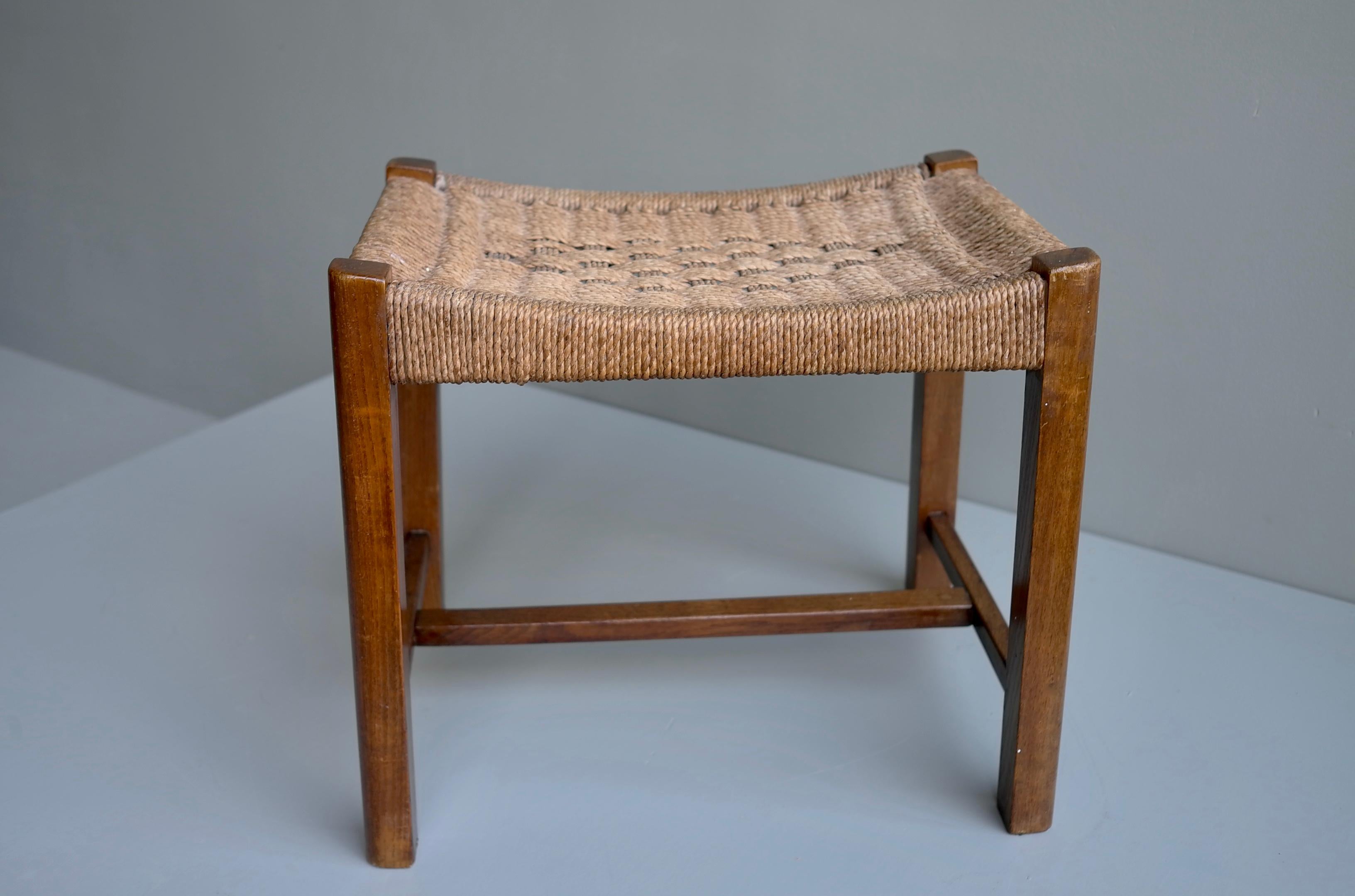 Mid-20th Century Oak and Woven Rope Stool by Audoux Minet France 1950s