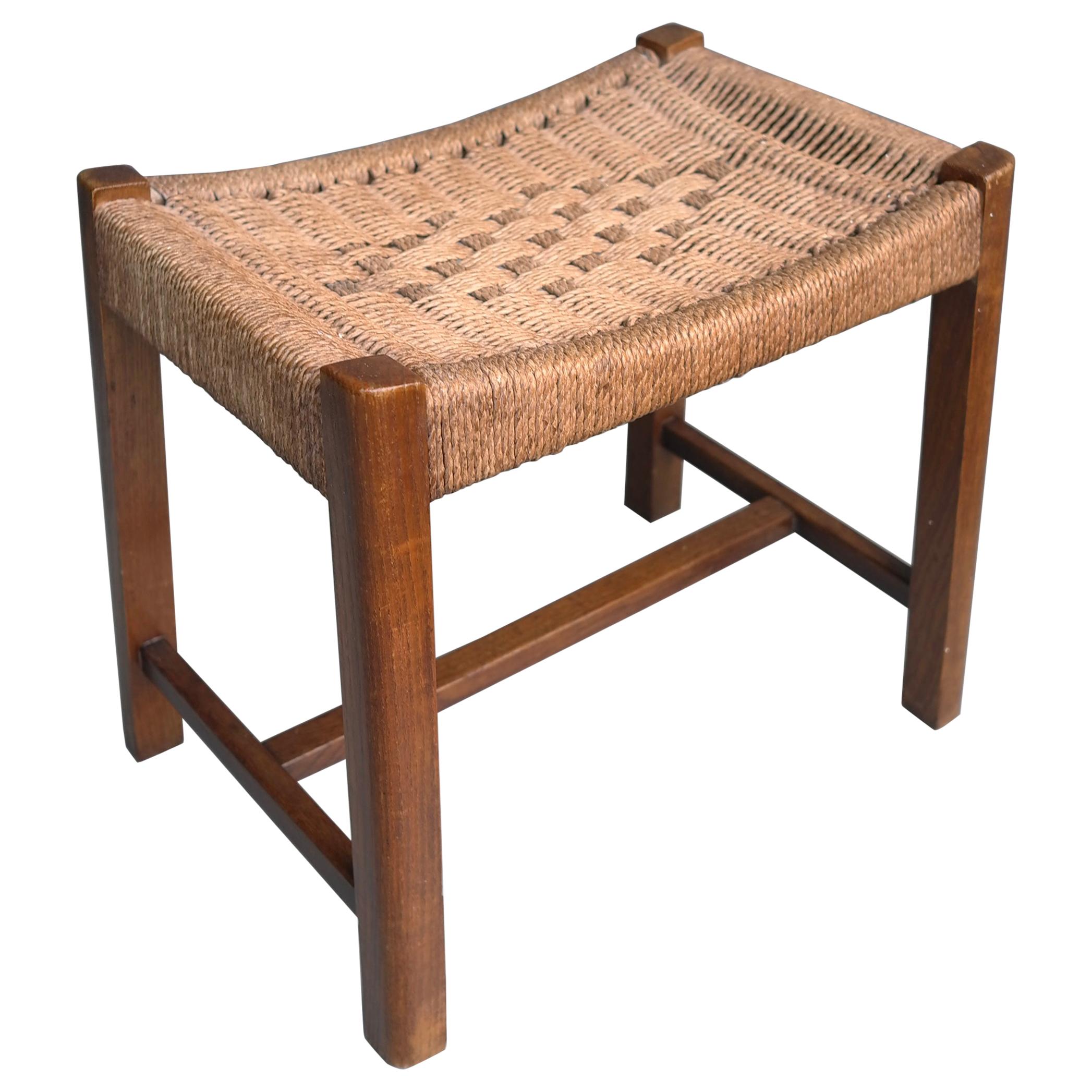 Oak and Woven Rope Stool by Audoux Minet France 1950s